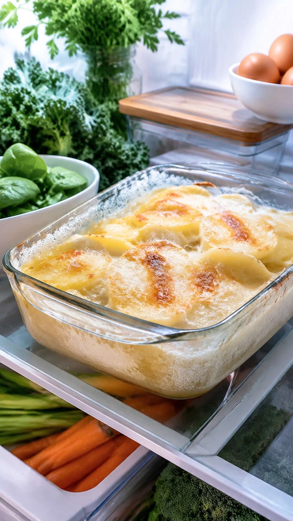 Glass baking dish with cheesy potatoes thawing on an organized refrigerator shelf next to fresh green produce.