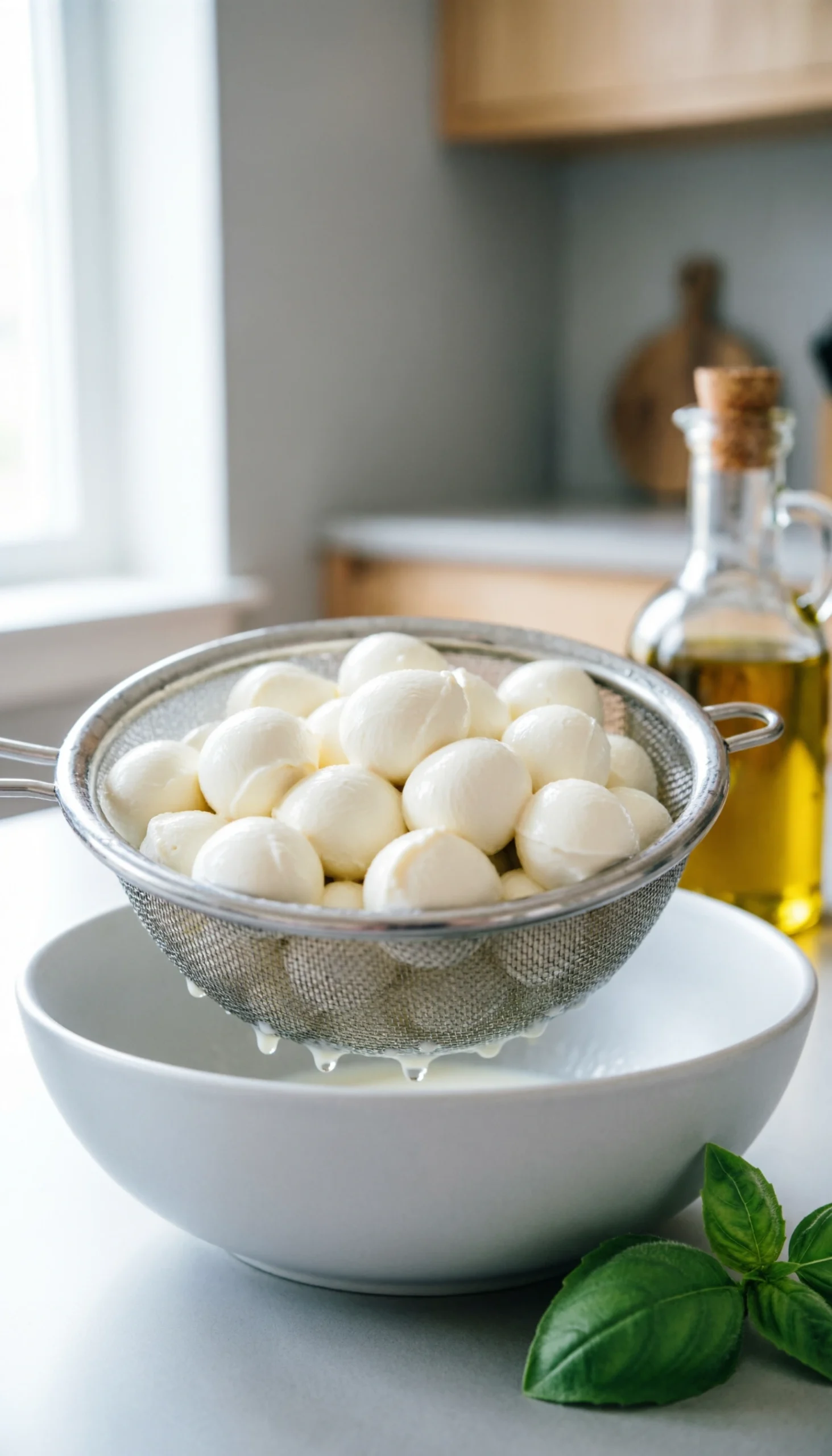 Glistening fresh bocconcini mozzarella pearls drain in a stainless steel mesh strainer over a bowl in a soft-lit kitchen.