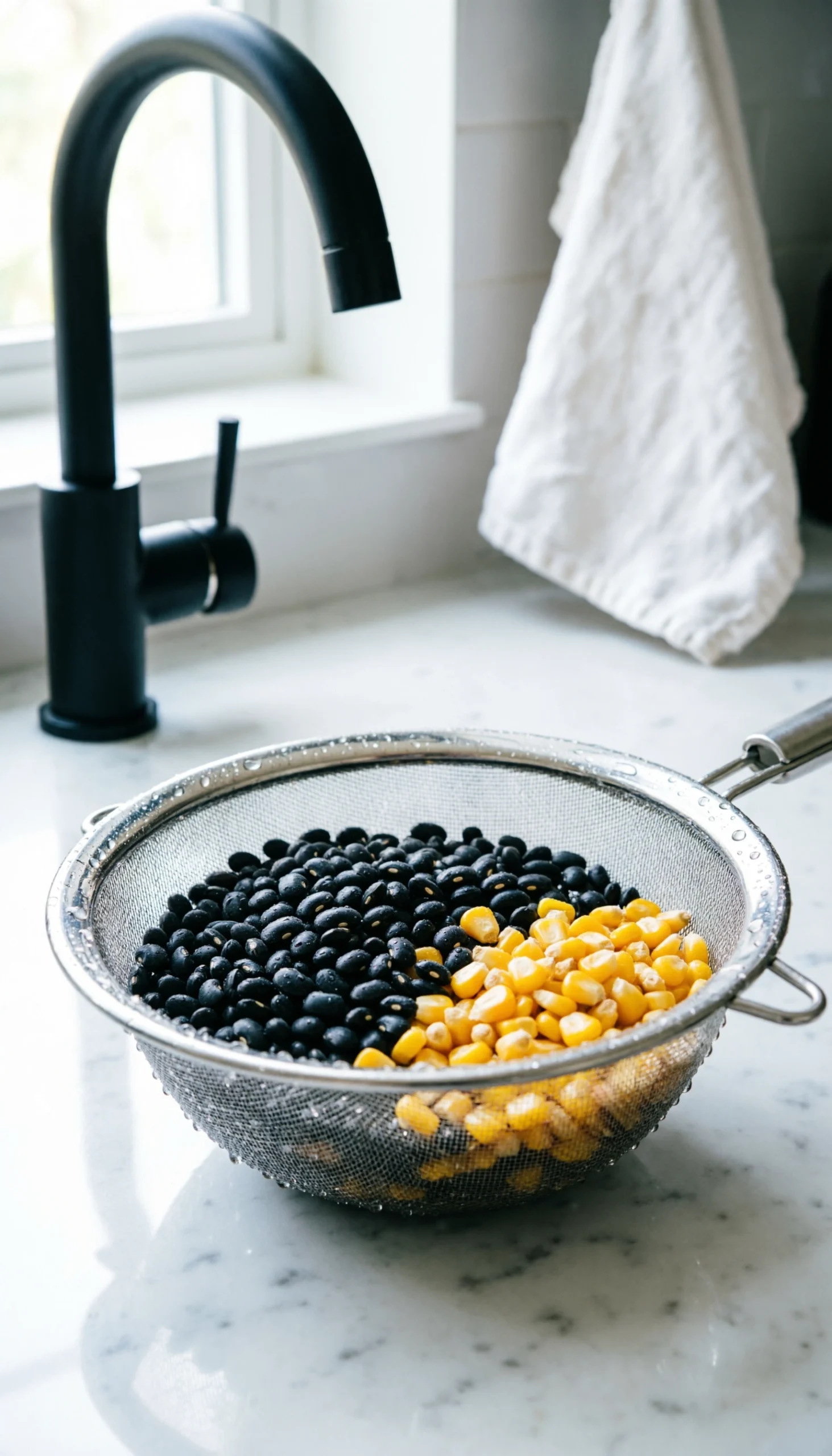 Glistening rinsed black beans, black-eyed peas, and golden sweet corn in a stainless steel colander on a marble countertop.