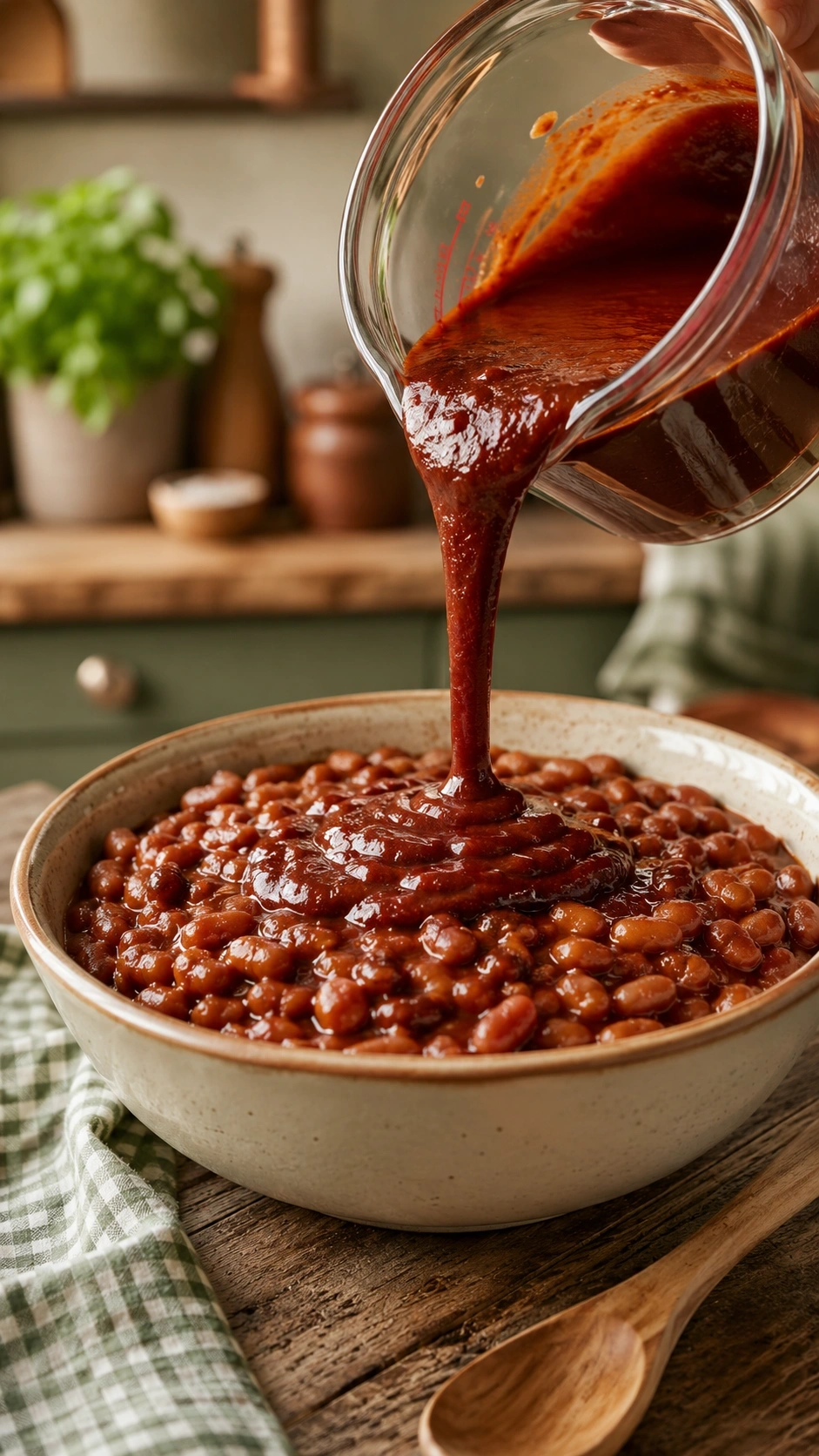 Glossy BBQ sauce drizzled over a bean mixture from a glass cup in a rustic kitchen with vibrant, warm lighting.
