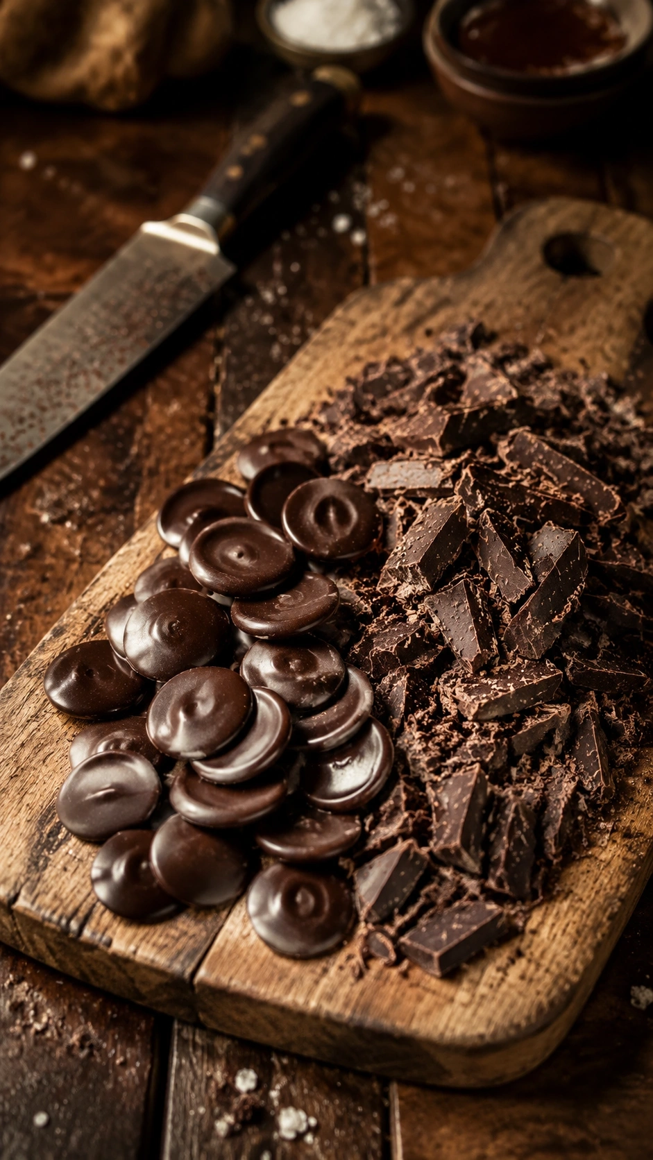 Glossy dark couverture chocolate discs and shards on a rustic wooden cutting board for gourmet artisan cookies.