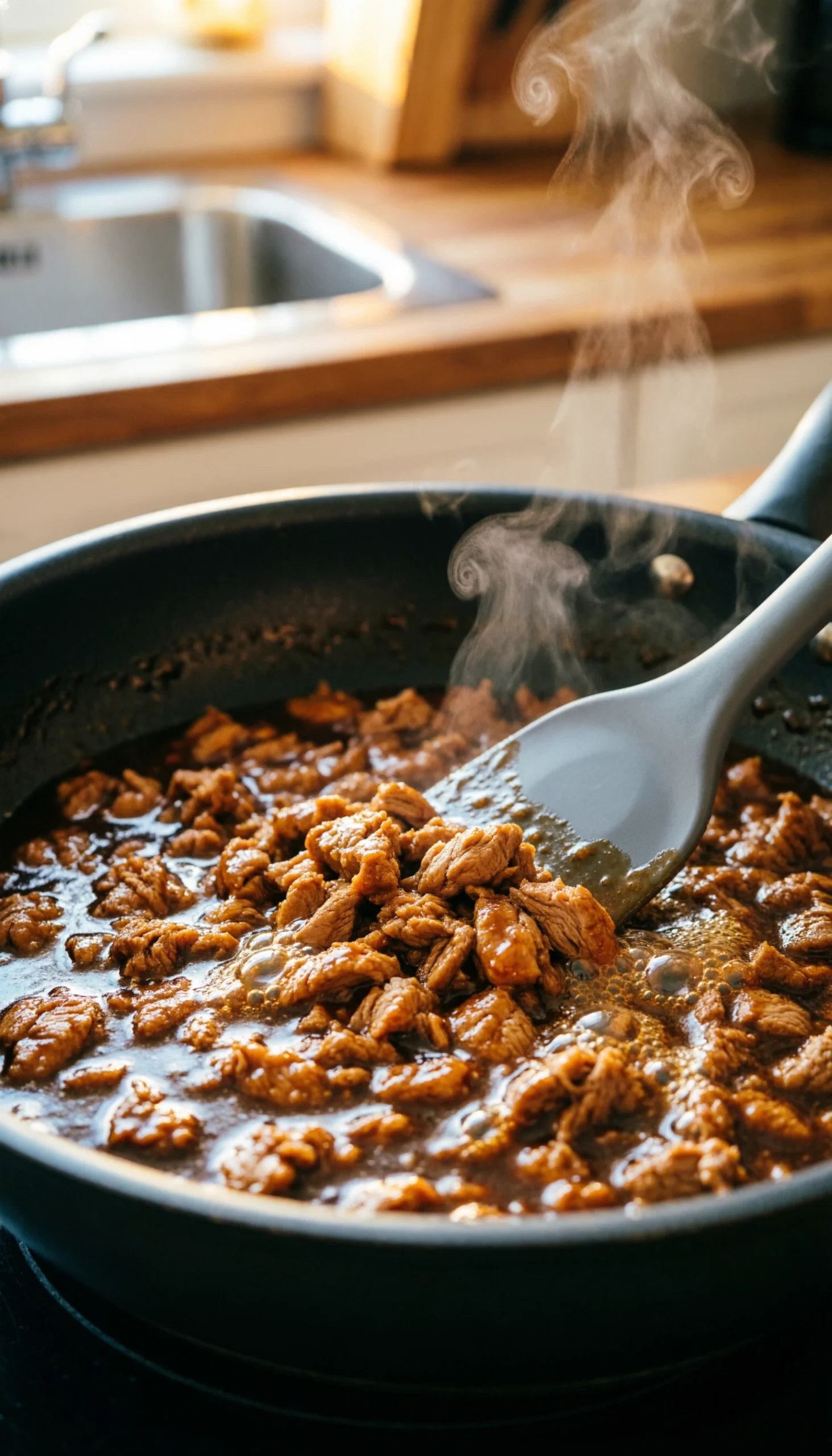 Glossy teriyaki sauce bubbling and glazing ground turkey in a dark skillet with a silicone spatula and steam.