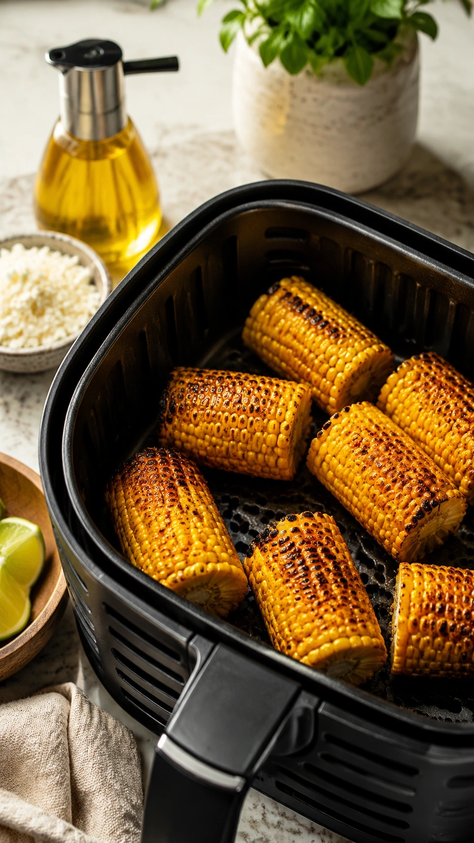 Golden-brown charred street corn halves, with blistered spots, resting on a metal grate inside an air fryer basket.