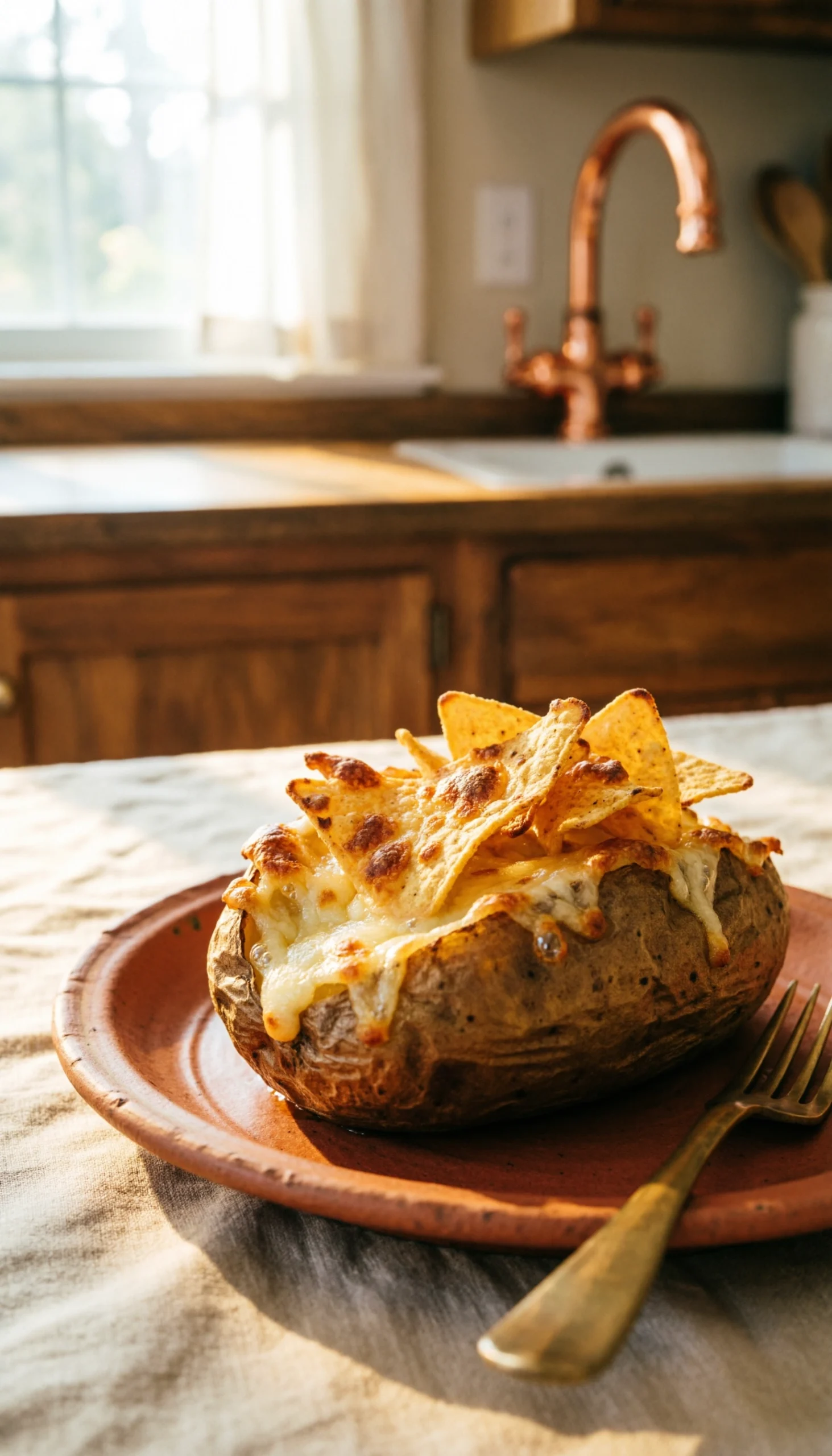 Golden-brown cheesy funeral potatoes with a crispy cornflake topping in a baking dish on a linen tablecloth.