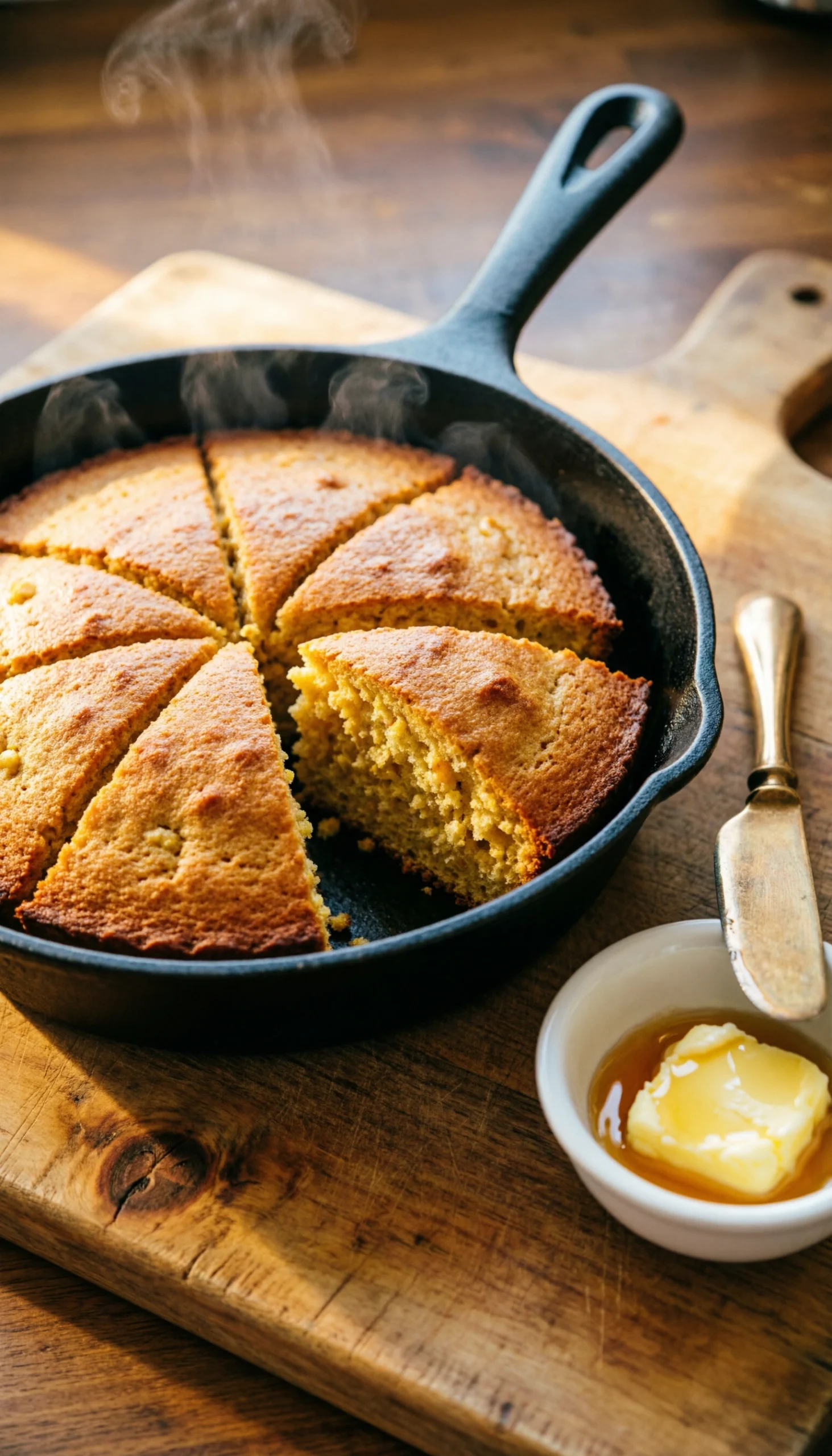 Golden-brown skillet cornbread sliced into wedges and served in a rustic cast iron skillet with honey butter.
