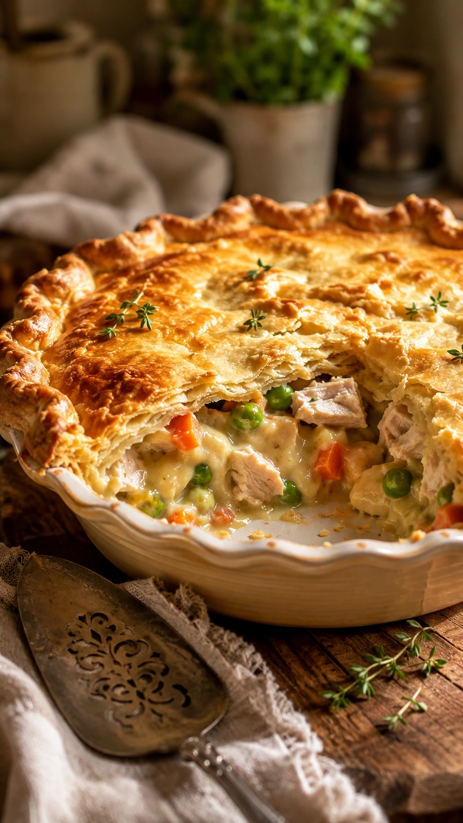 Golden-brown turkey pot pie with a flaky buttery crust and creamy filling of turkey, peas, and carrots on a wooden table.