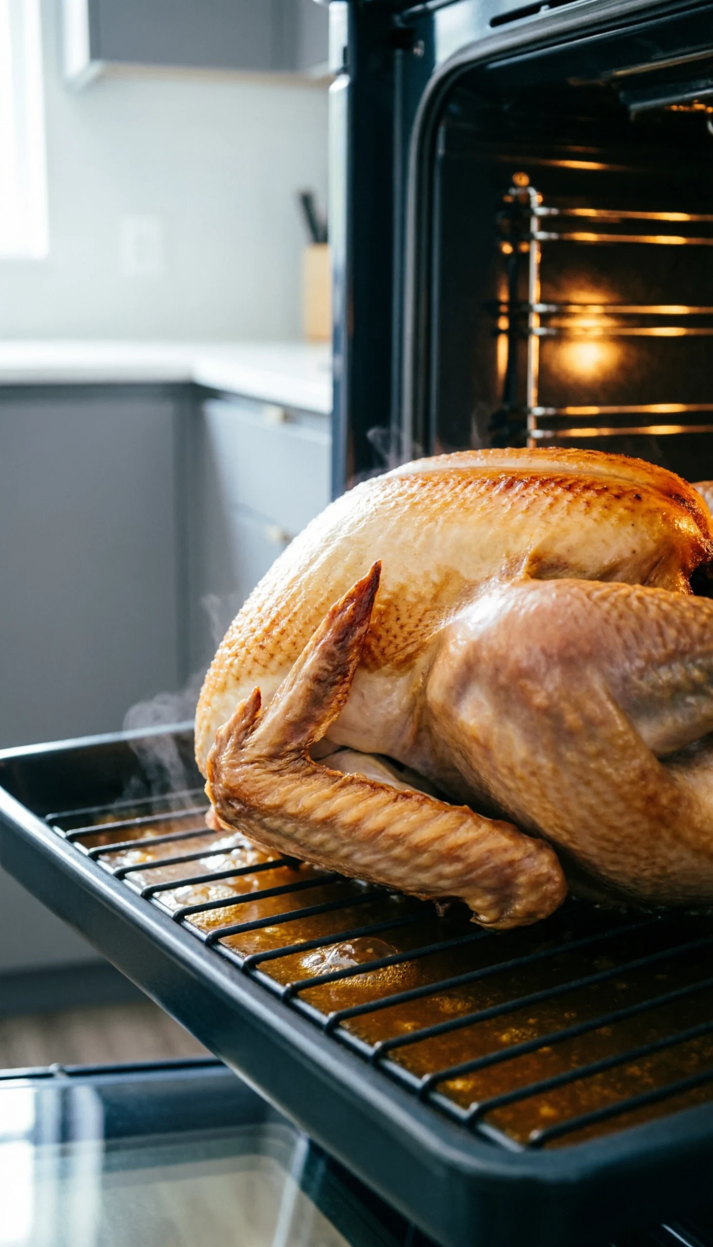 Golden brown whole turkey roasting in a dark pan inside a professional oven with warm, dramatic lighting.