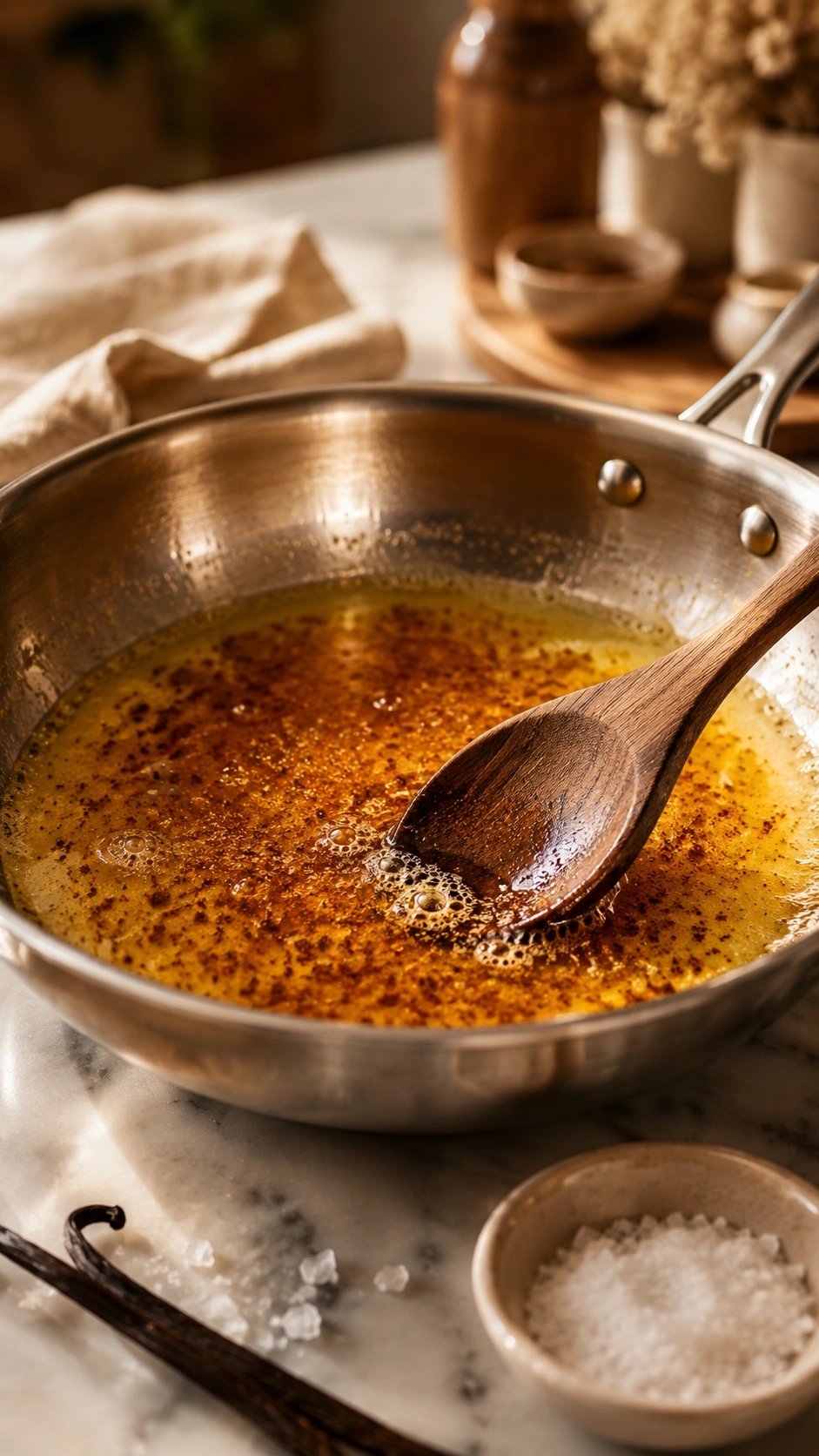 Golden browned butter with toasted milk solids in a silver skillet on a marble counter for gourmet cookie recipes.