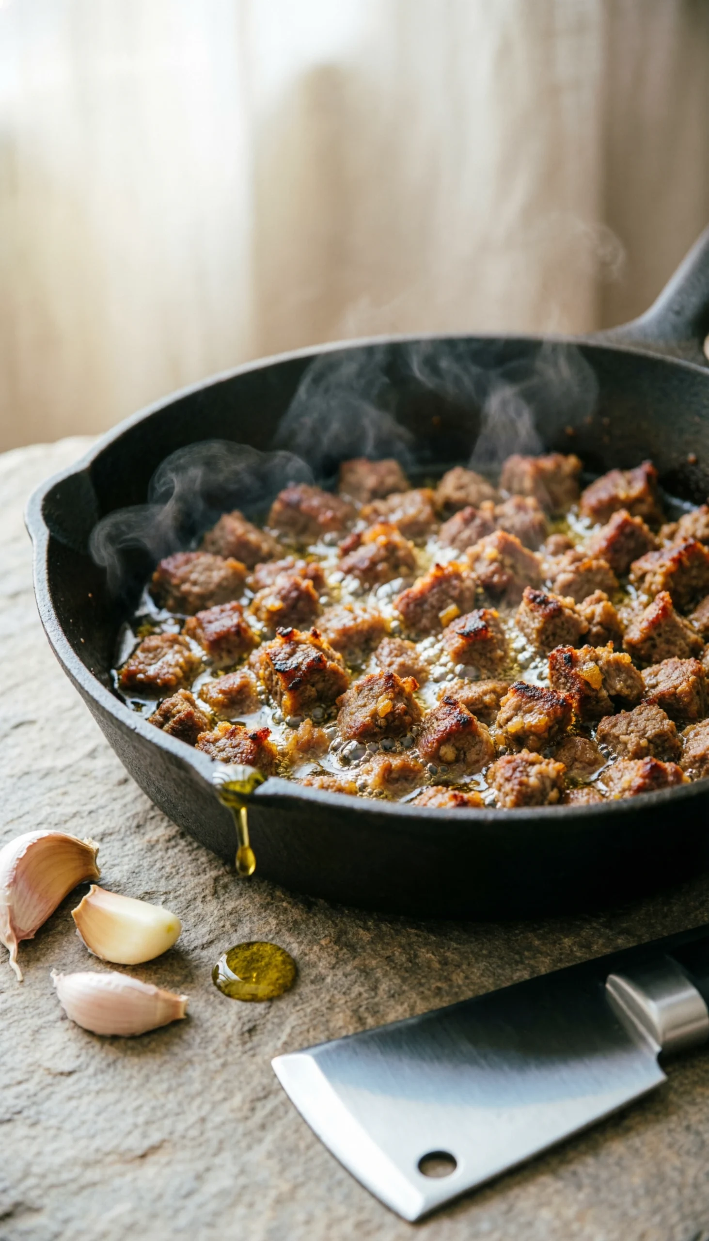 Golden browned ground turkey sizzling in a cast iron skillet with garlic and olive oil on a modern stone surface.
