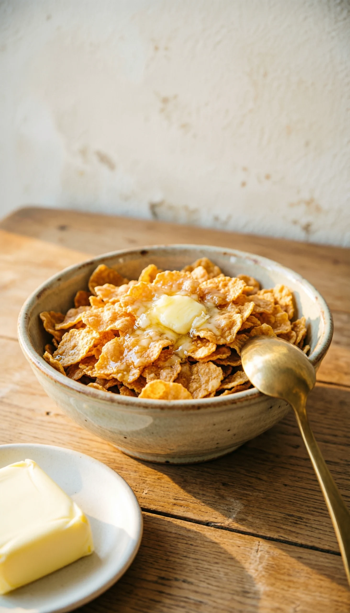 Golden buttery crushed cornflakes in a vintage bowl for a potato casserole topping on a rustic wooden table.