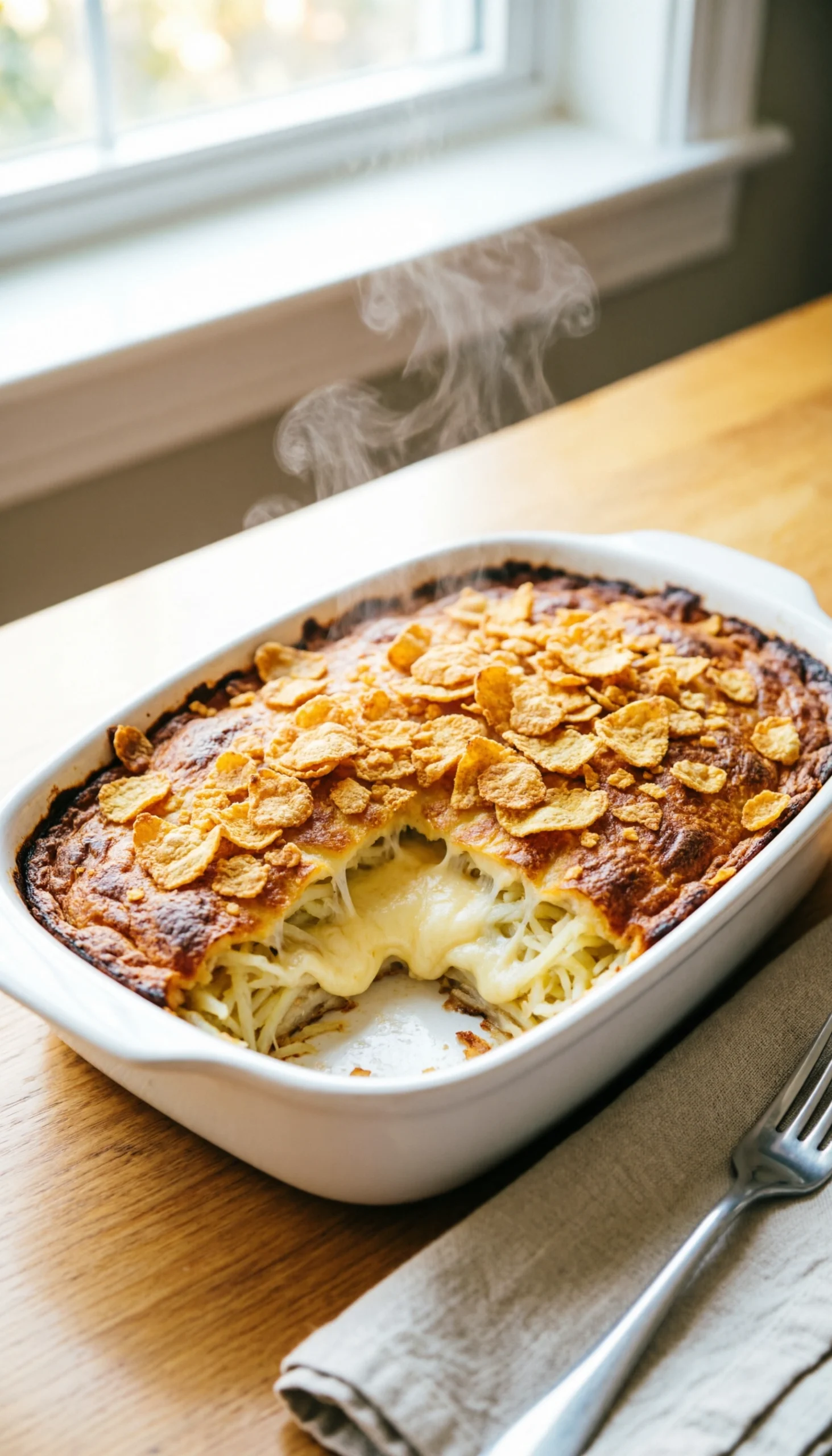 Golden cheesy hashbrown casserole with a crispy corn flake topping served in a white ceramic baking dish.
