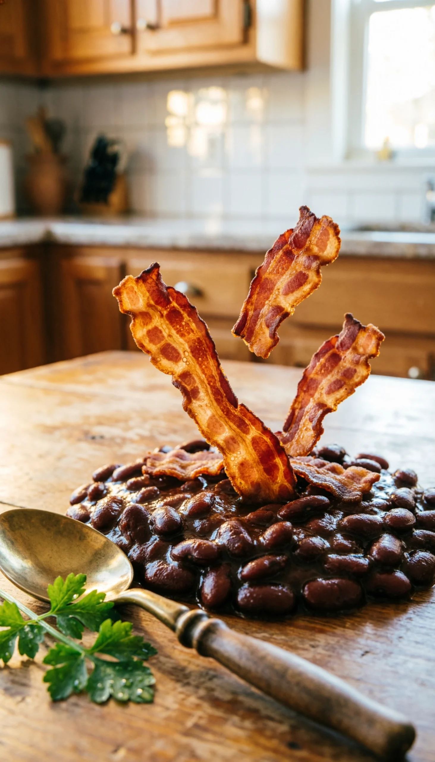 Golden crispy bacon bits being sprinkled over a skillet of thick, glossy baked beans on a rustic wooden table.