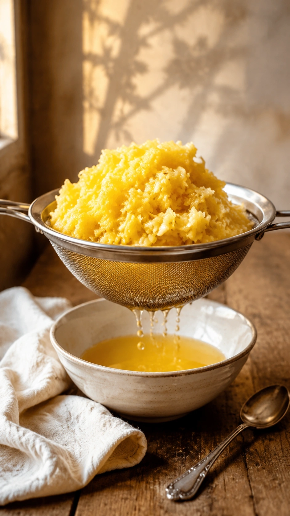 Golden crushed pineapple draining in a stainless steel mesh strainer over a ceramic bowl on a rustic wooden table.