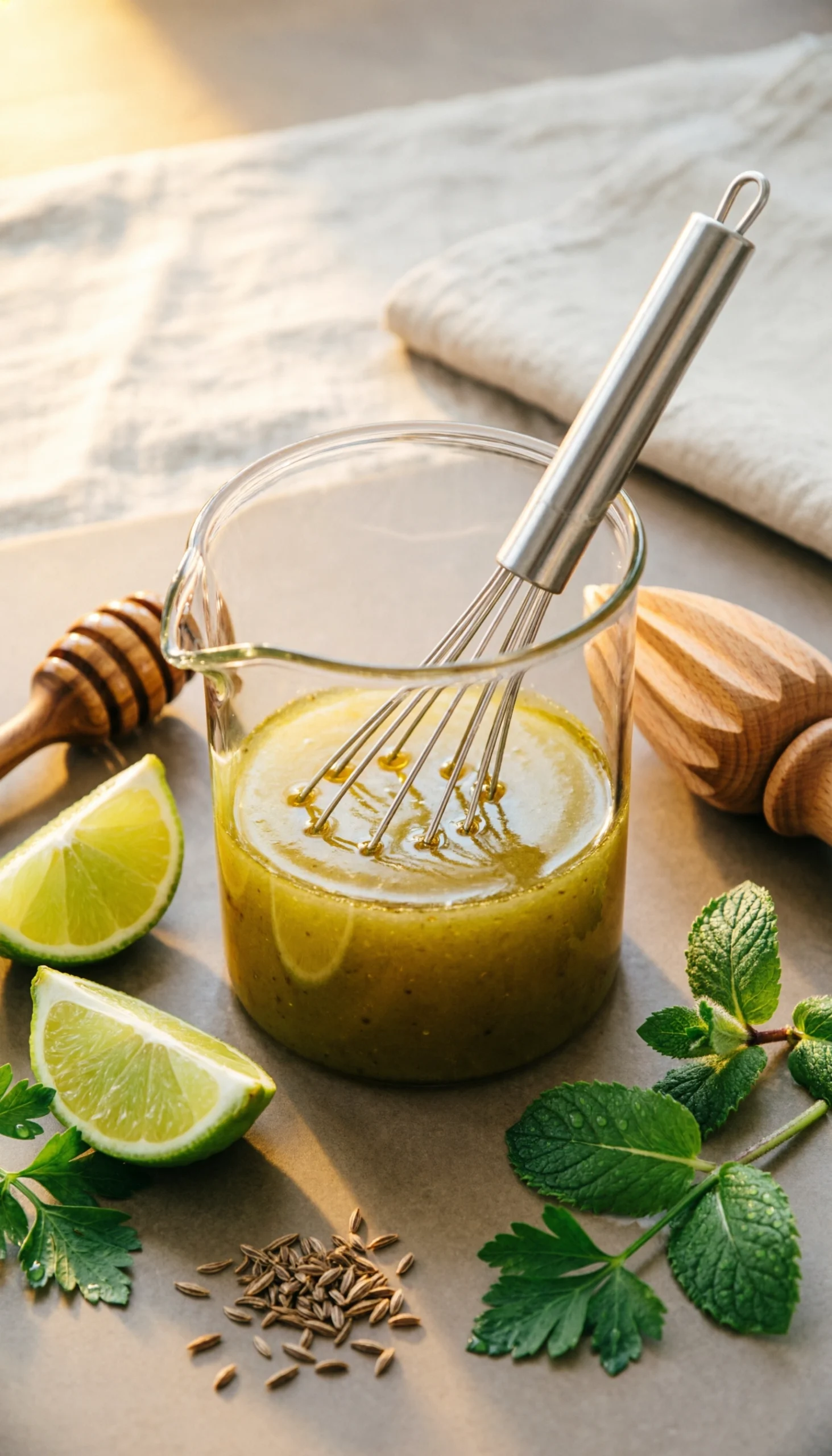 Golden-green lime vinaigrette being whisked in a glass measuring cup, surrounded by fresh lime halves and spices on a stone surface.