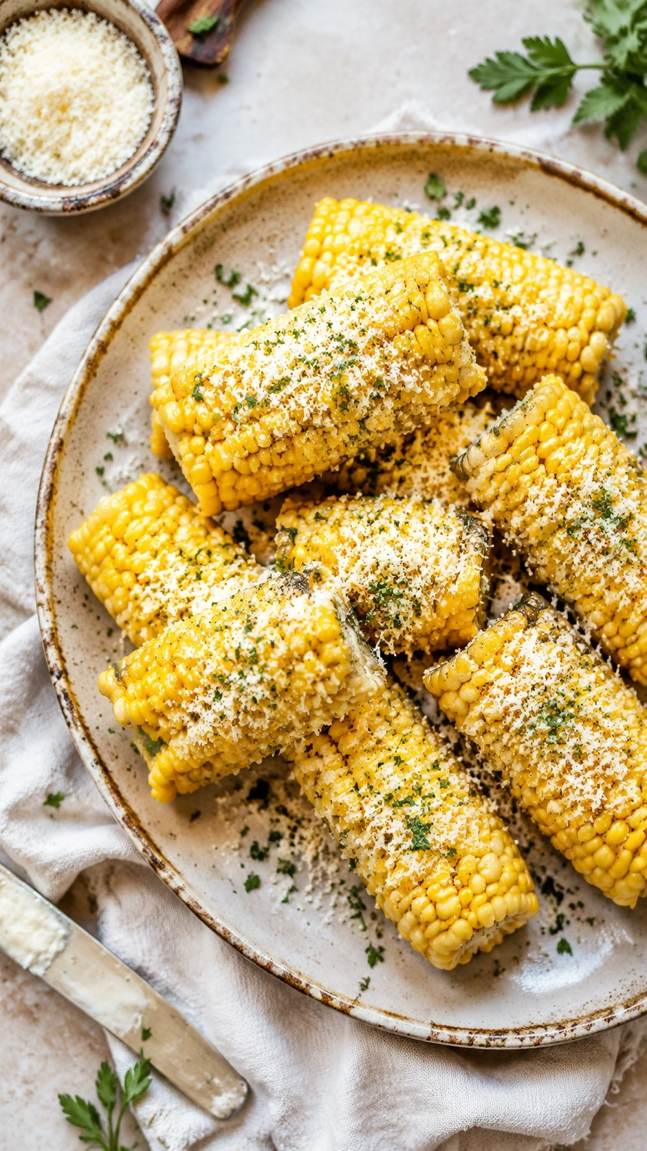 Golden mini boiled corn on the cob with melted butter, parmesan, and parsley on a vintage plate, captured in bright daylight.