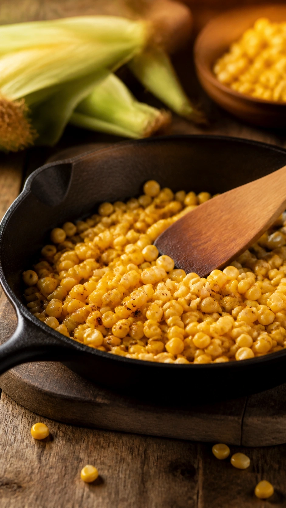 Golden sweet corn kernels with a caramelized char sizzling in a rustic cast iron skillet during golden hour.