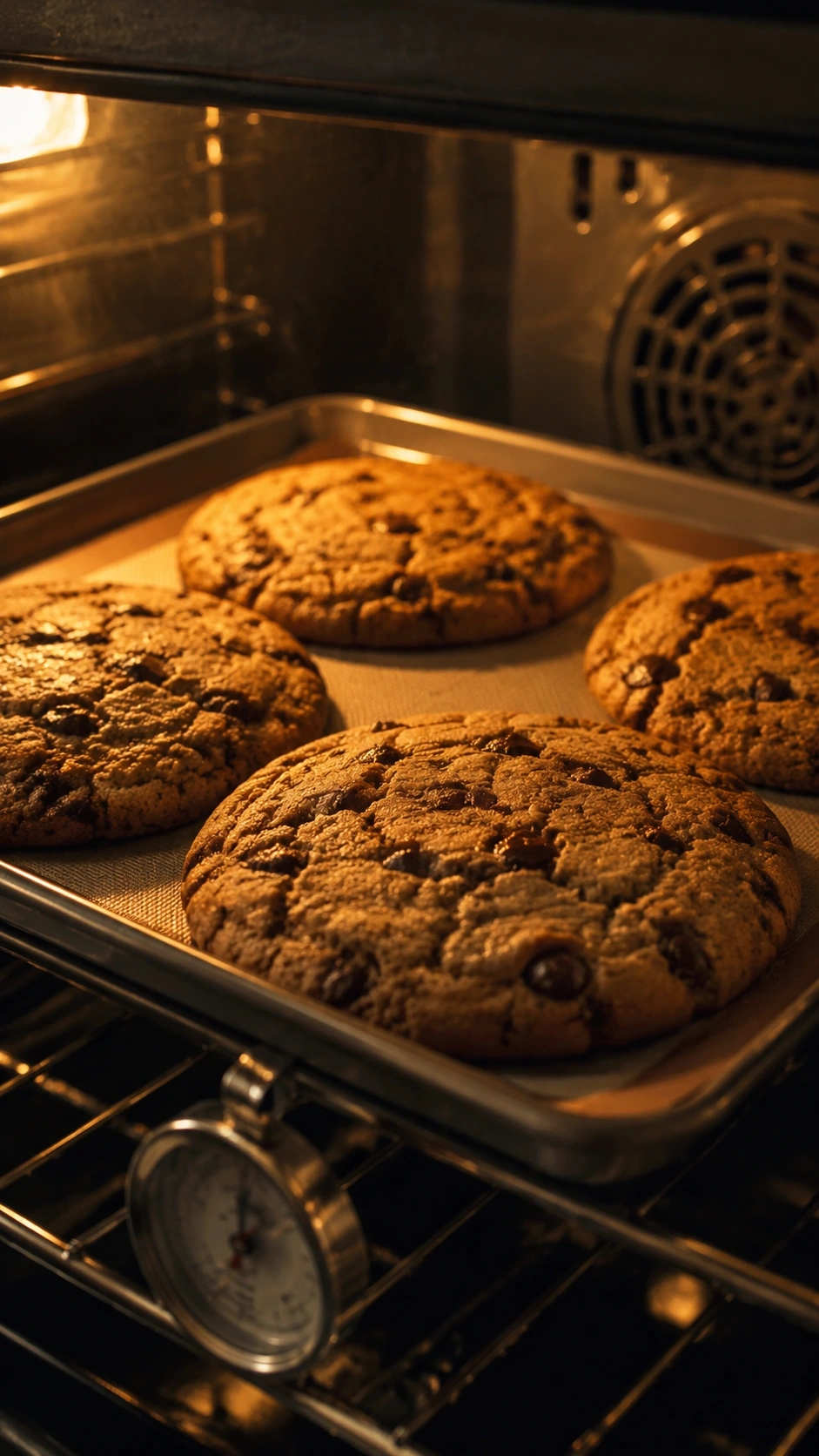 Gourmet chocolate chip cookies baking on a professional tray inside an illuminated oven with a rack thermometer.