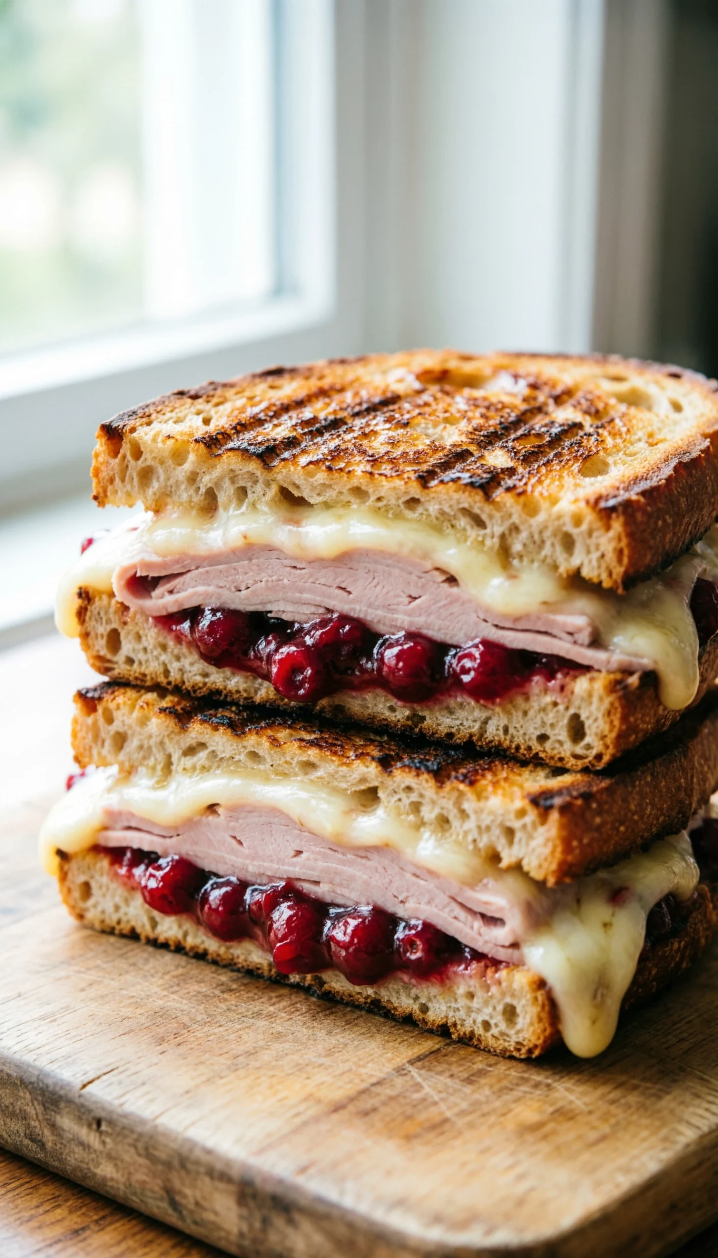 Grilled turkey and cranberry panini with melted brie cheese on crusty sourdough bread served on a wooden cutting board.