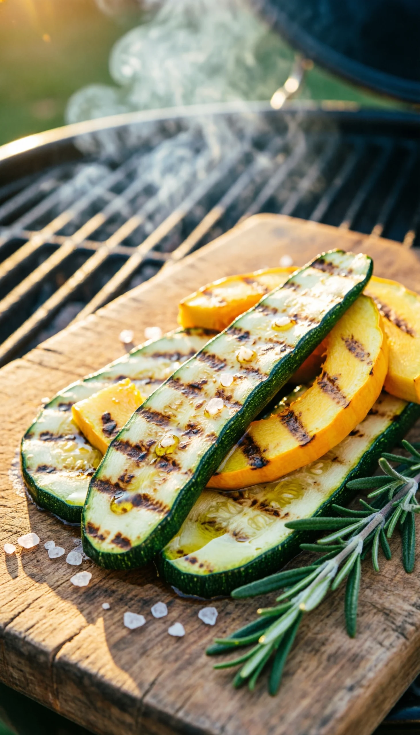 Grilled zucchini and summer squash slices with perfect char marks and rosemary on a rustic wooden serving board.