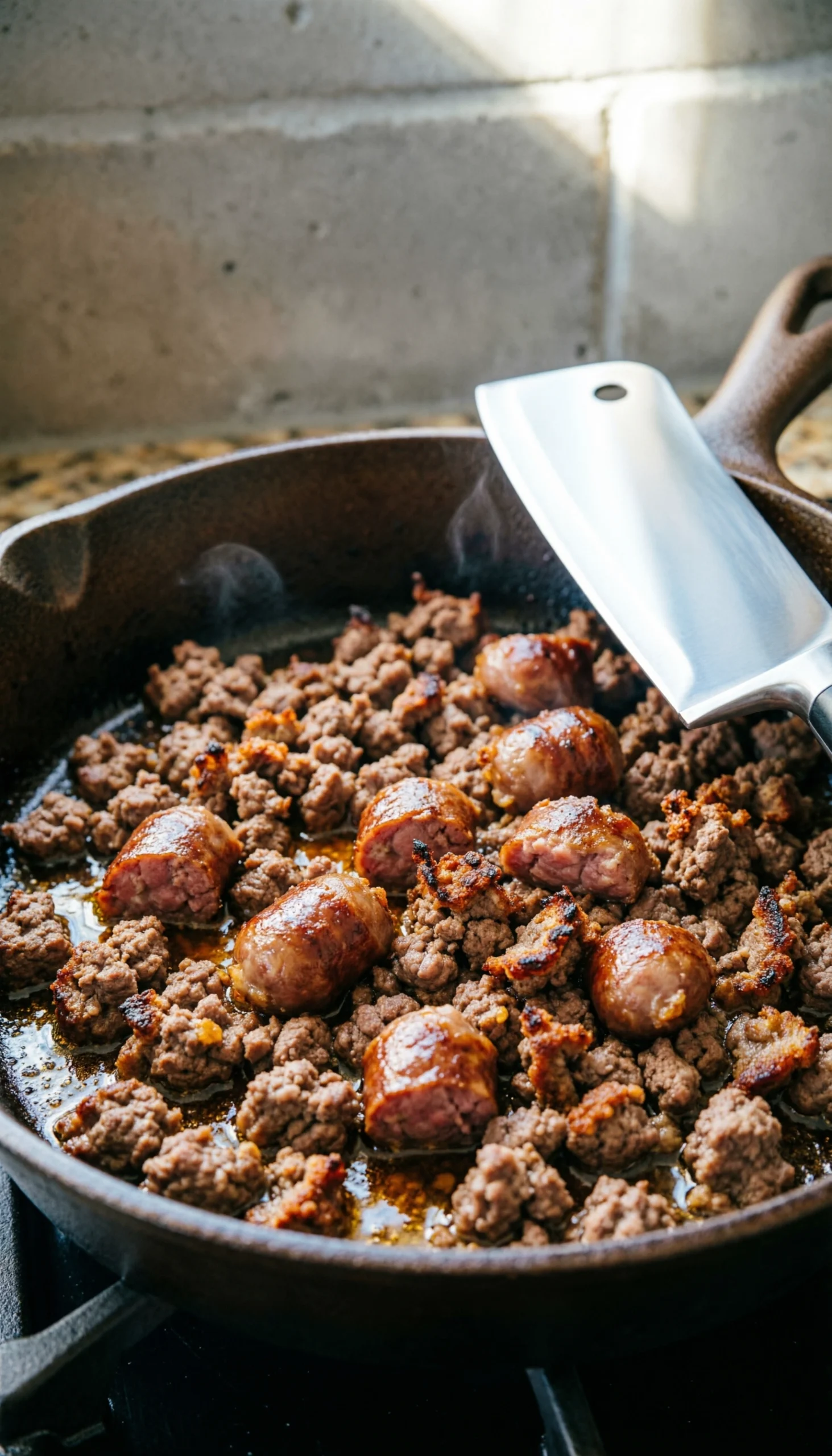 Ground beef and sausage browning in a cast iron skillet with a meat chopper, showing Maillard reaction crusts on a stovetop.
