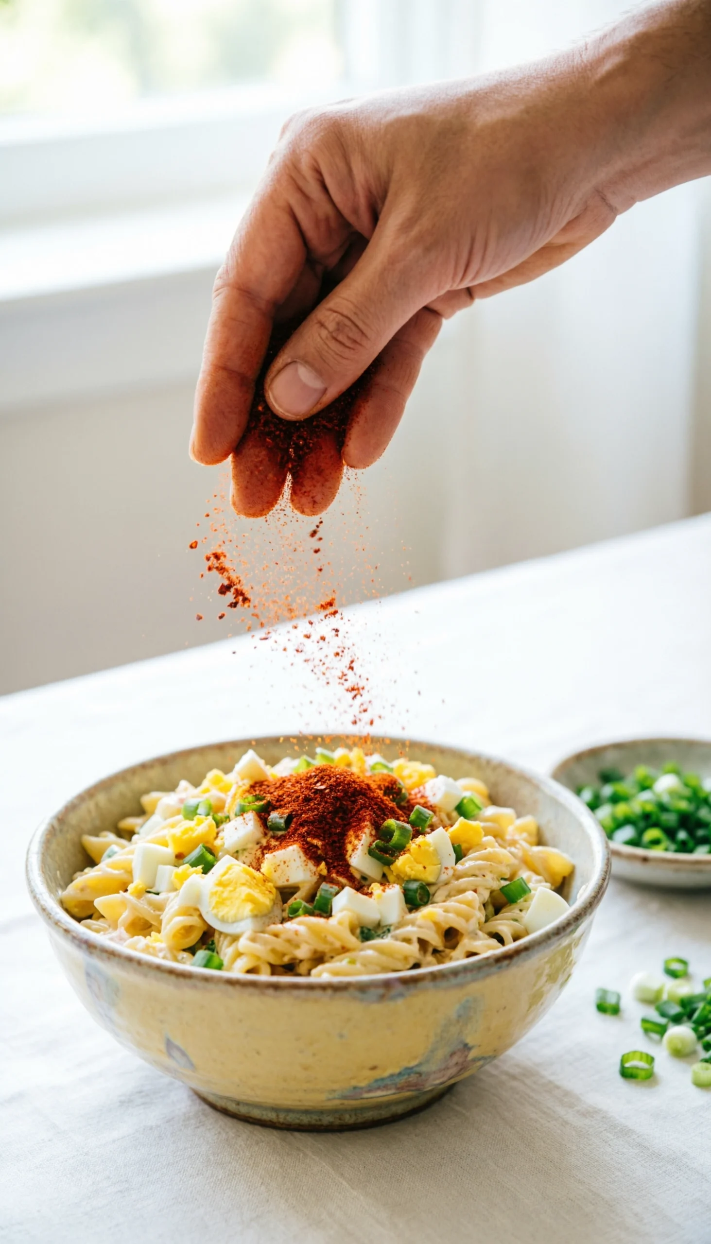 Hand sprinkling red smoked paprika over a bowl of creamy deviled egg macaroni salad on a linen tablecloth.