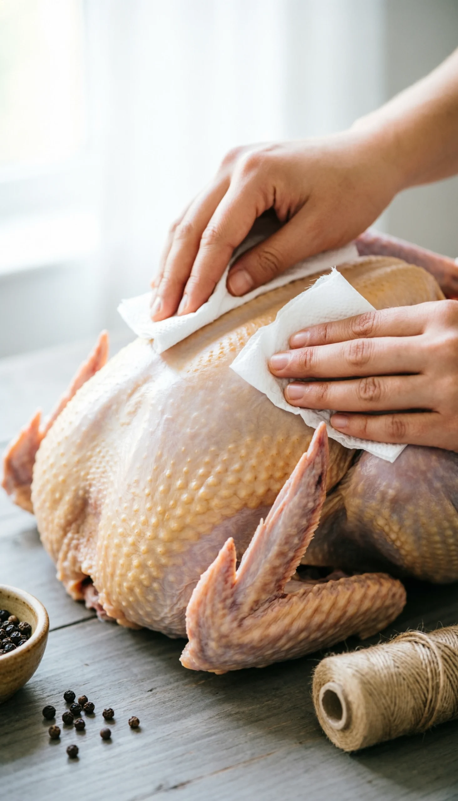 Hands using white paper towels to pat dry a raw turkey on a rustic wooden table for a perfect roast skin.
