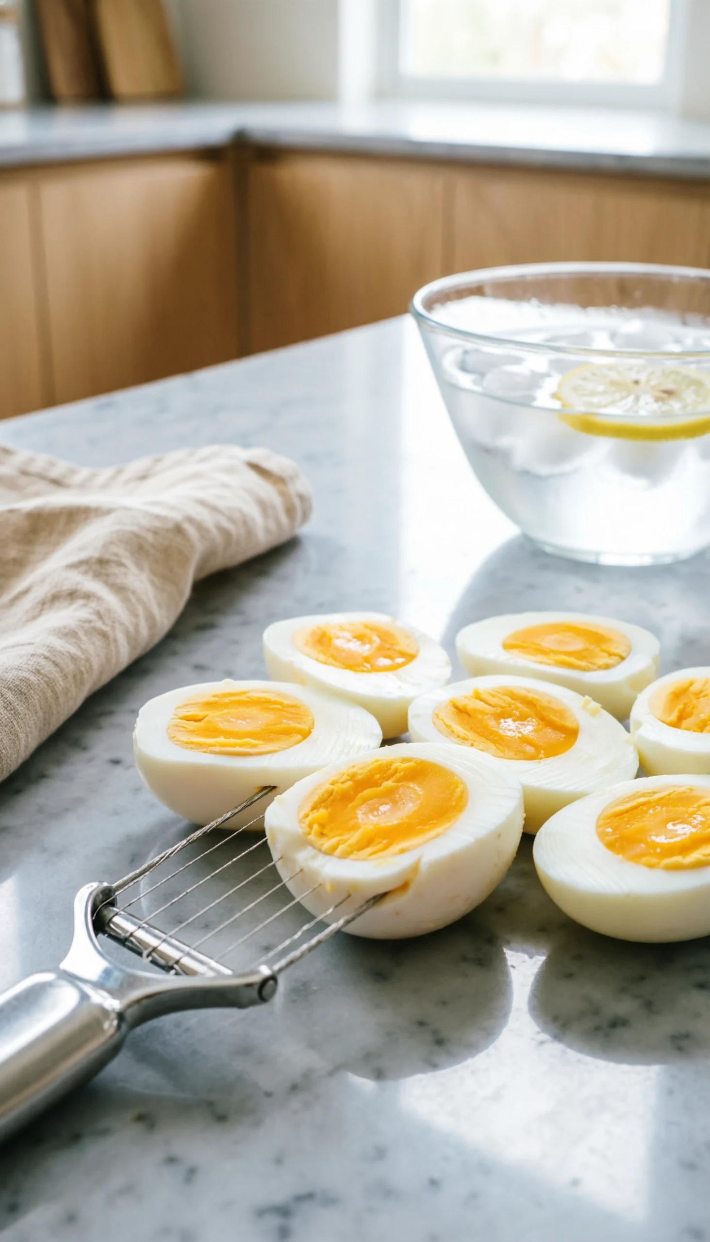 Hard-boiled eggs being sliced with a wire egg slicer on a marble countertop showcasing creamy yellow yolks and whites.