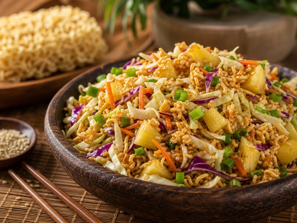 Hawaiian slaw with crunchy toasted ramen noodles, shredded cabbage, and pineapple in a dark wooden serving bowl.