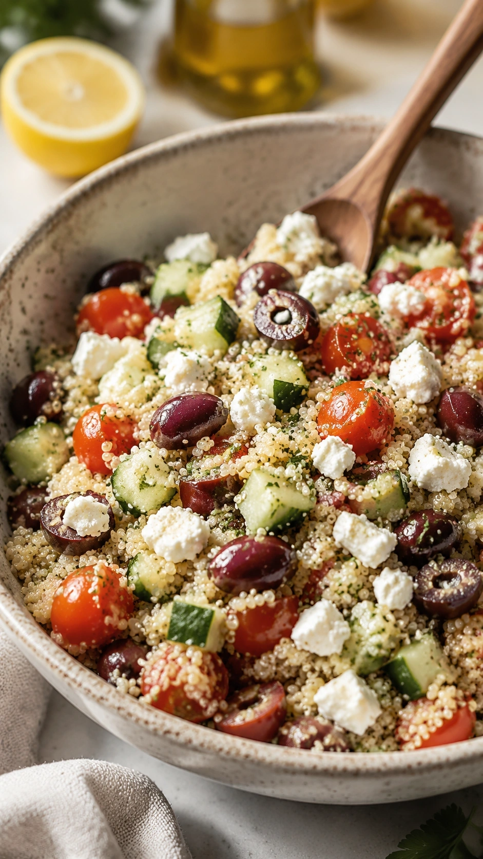 Healthy Mediterranean quinoa salad with kalamata olives, cherry tomatoes, and feta in a speckled bowl.