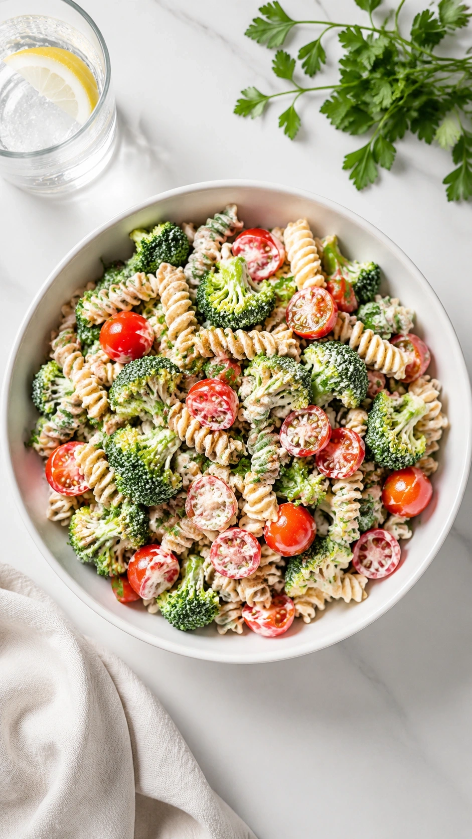 Healthy broccoli pasta salad with whole wheat rotini, cherry tomatoes, and Greek yogurt dressing on a white backdrop.