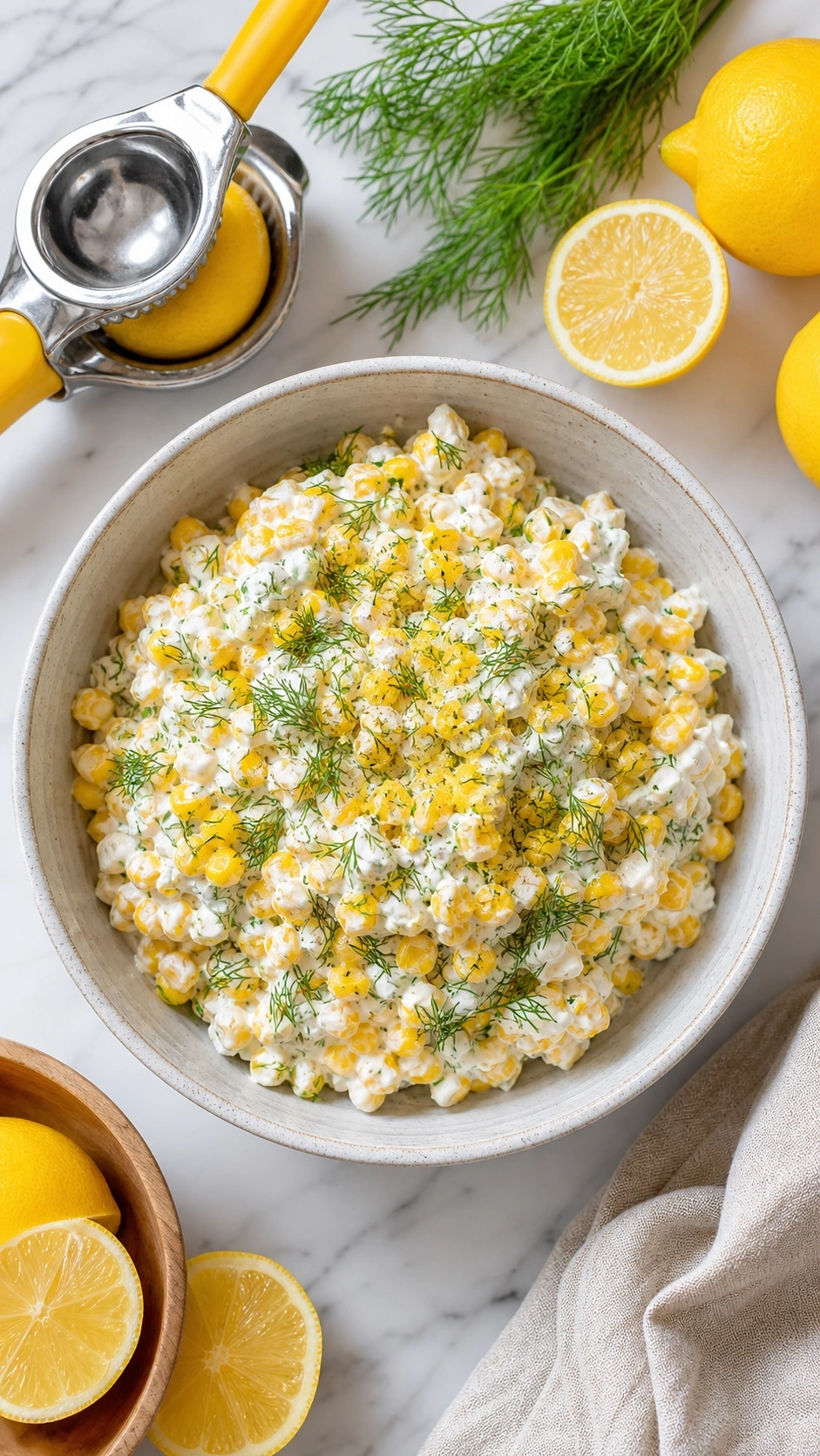 Healthy corn salad with Greek yogurt dressing, fresh dill, and lemon wedges on a white marble countertop.