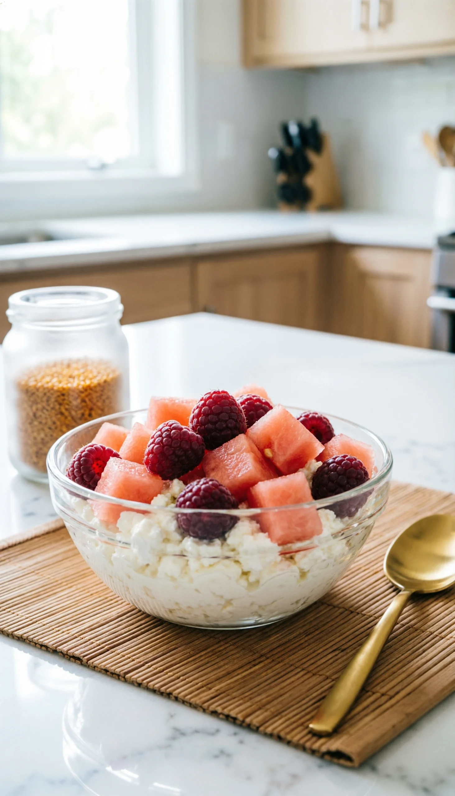 Healthy cottage cheese bowl with fresh watermelon cubes and raspberries served in a glass bowl on a bamboo mat.