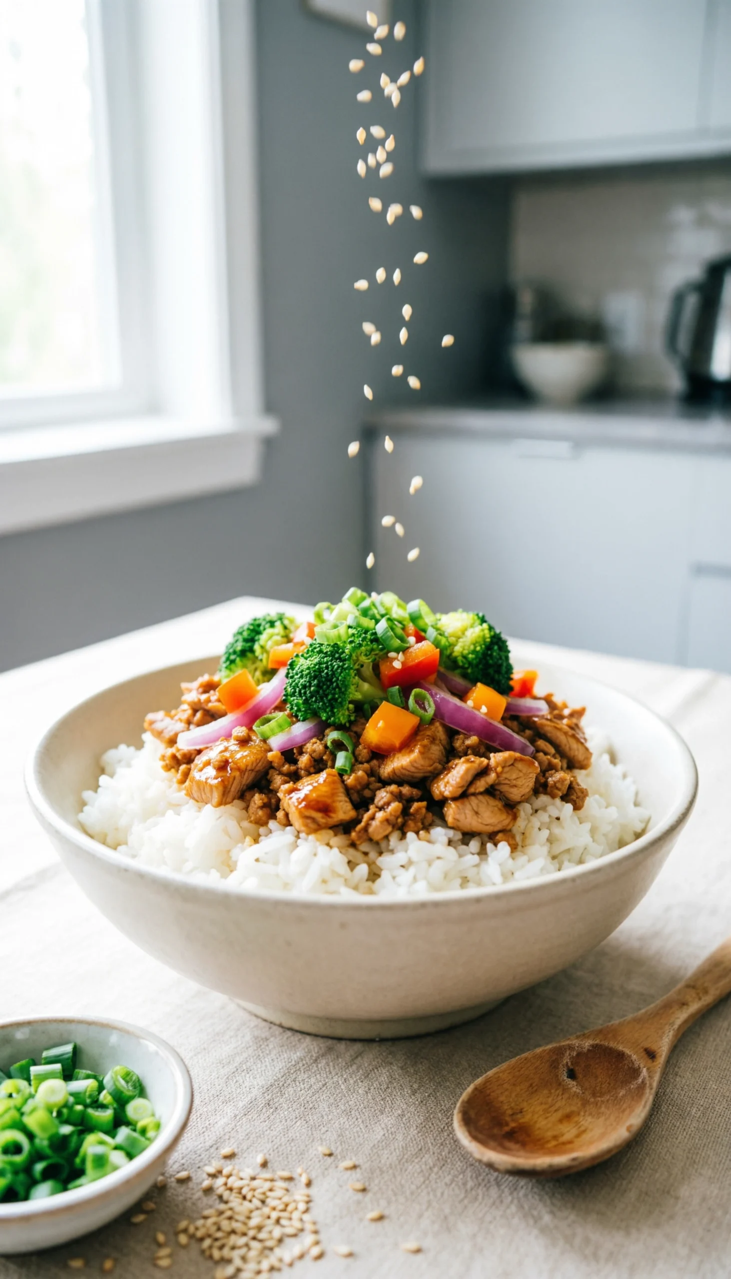 Healthy ground turkey teriyaki rice bowl topped with fresh green onions and sesame seeds on a linen tablecloth.