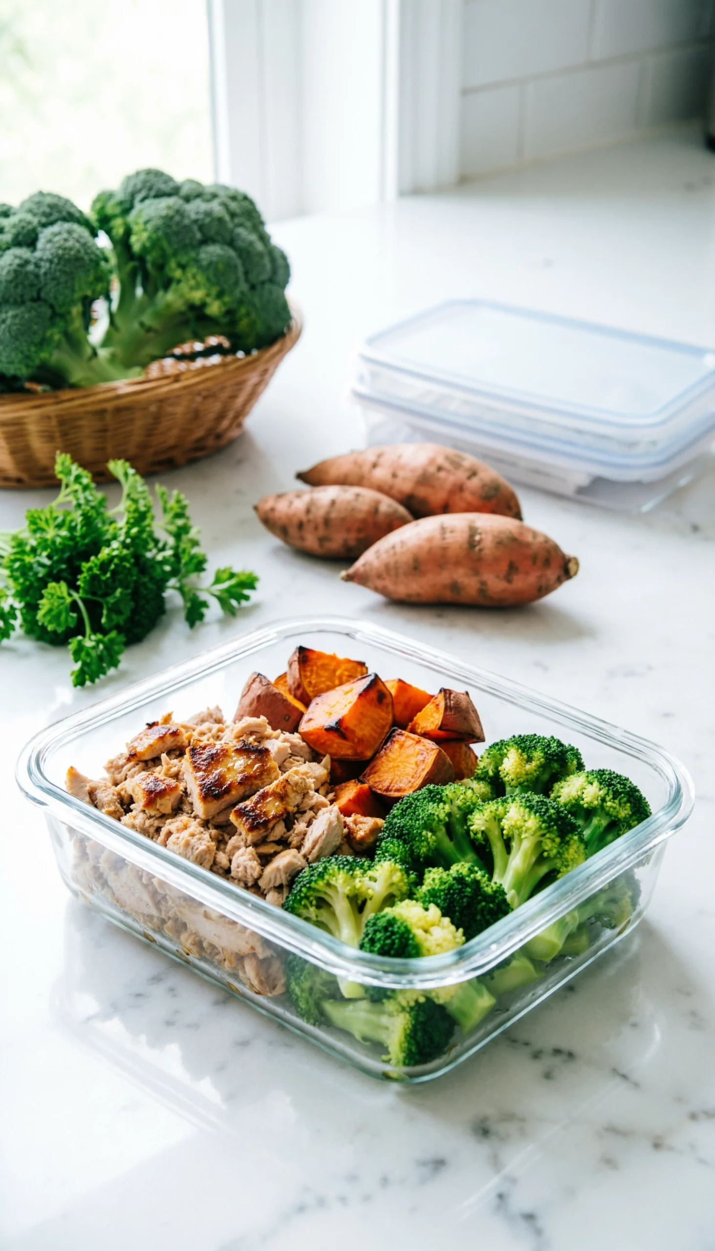 Healthy meal prep glass containers filled with roasted sweet potatoes, ground turkey, and steamed green broccoli.