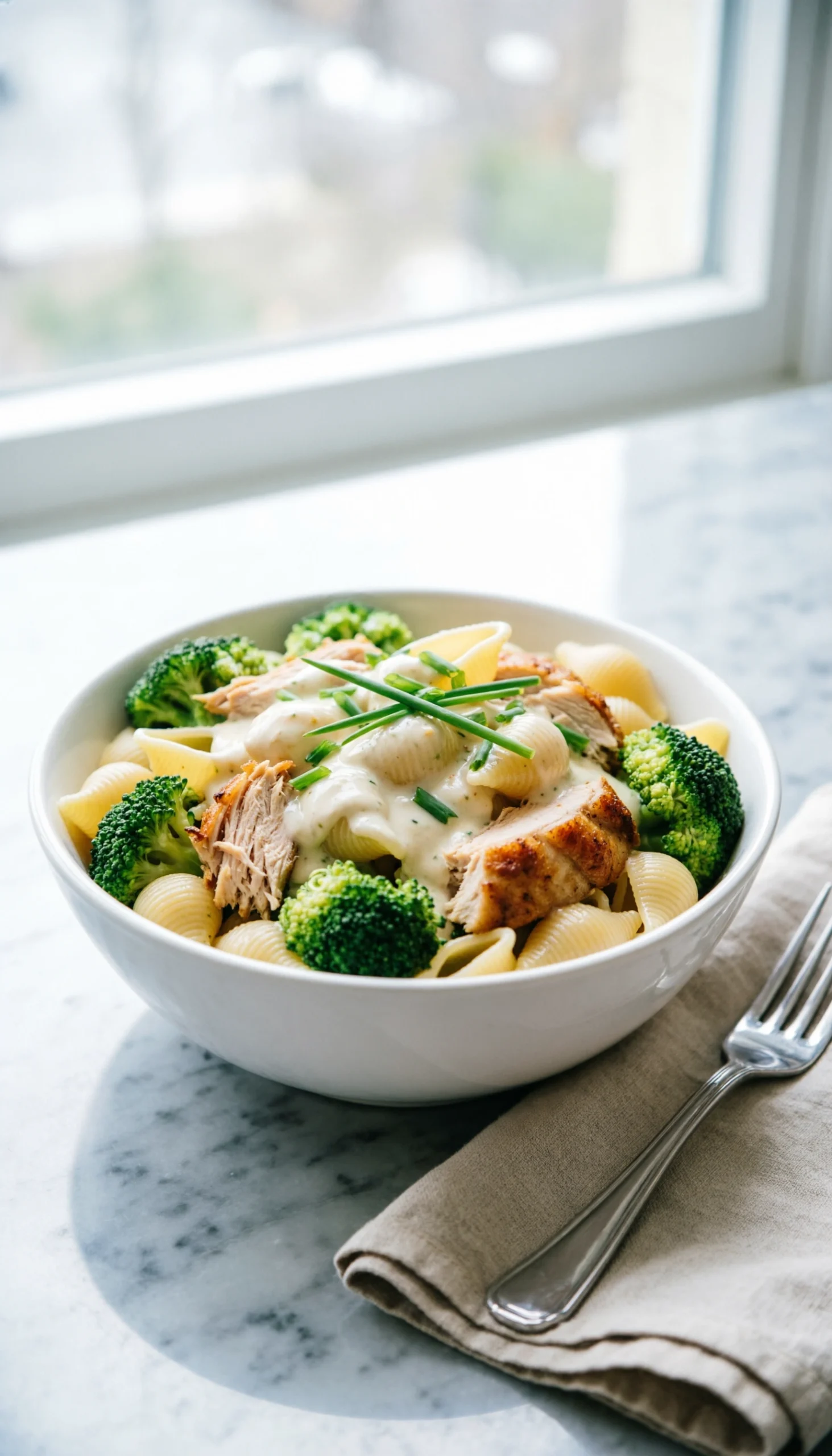 Hearty cold chicken and broccoli pasta salad with shells and creamy ranch dressing on a white marble kitchen counter.