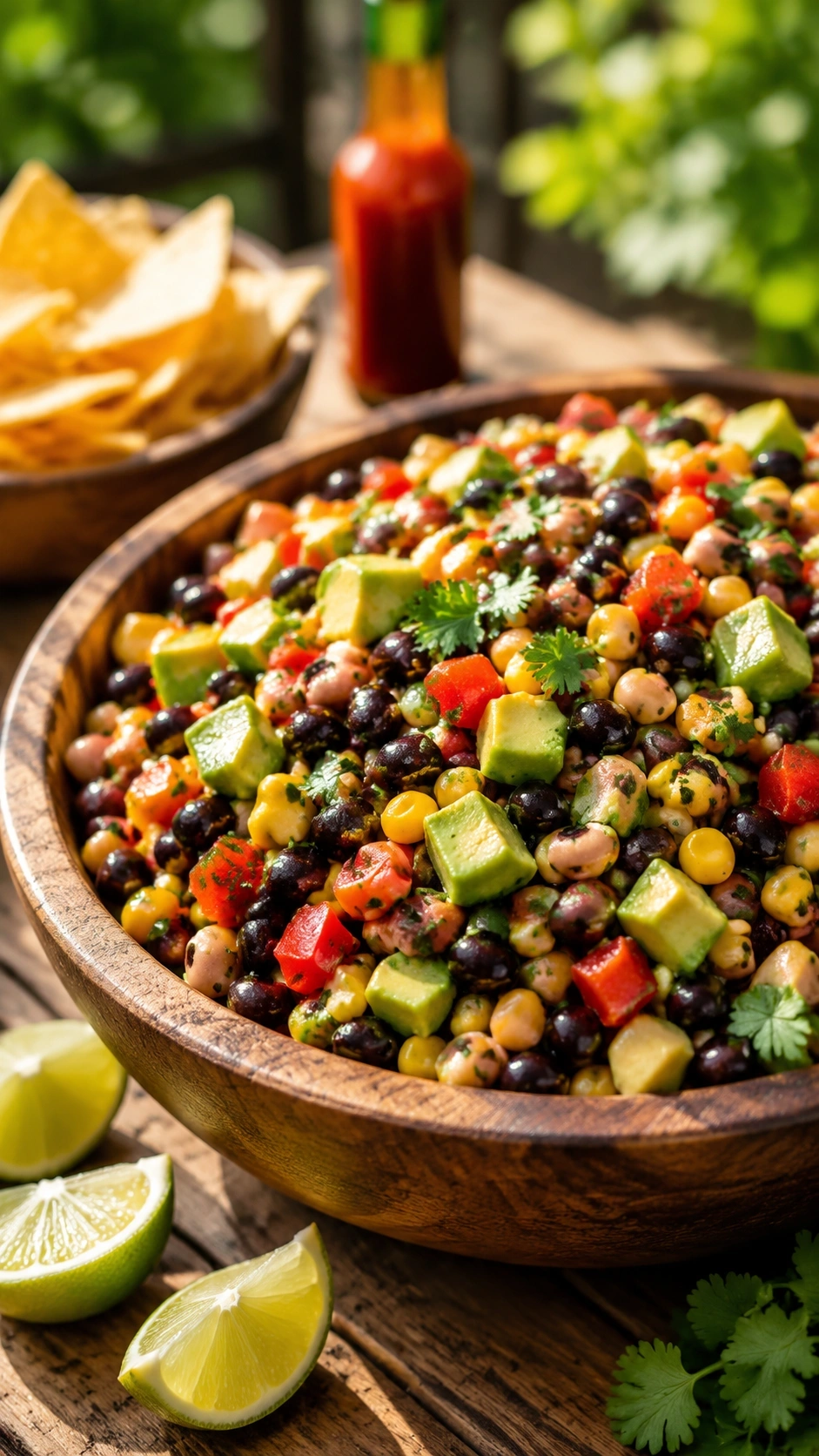 Hearty cowboy caviar dip with black beans, corn, avocado, bell peppers, and cilantro in a wooden bowl on a picnic table.