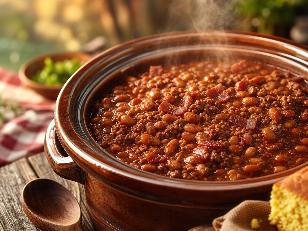 Hearty slow-cooked cowboy beans with ground beef and bacon in a rustic ceramic pot on a wooden picnic table.