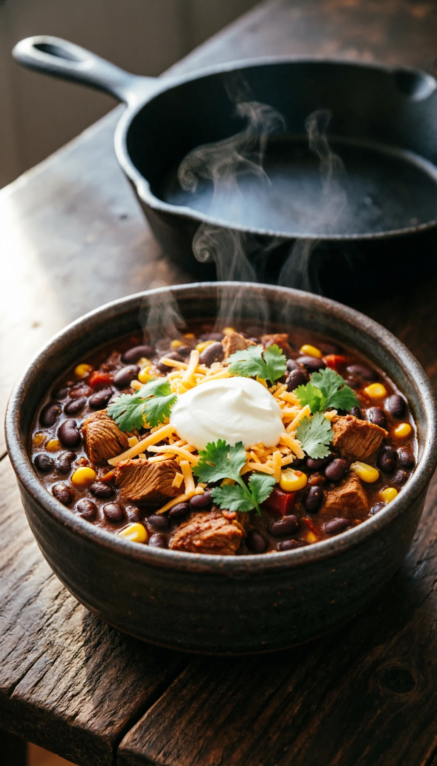Hearty turkey and black bean chili topped with sour cream, cheddar, and cilantro in a rustic dark ceramic bowl on wood.