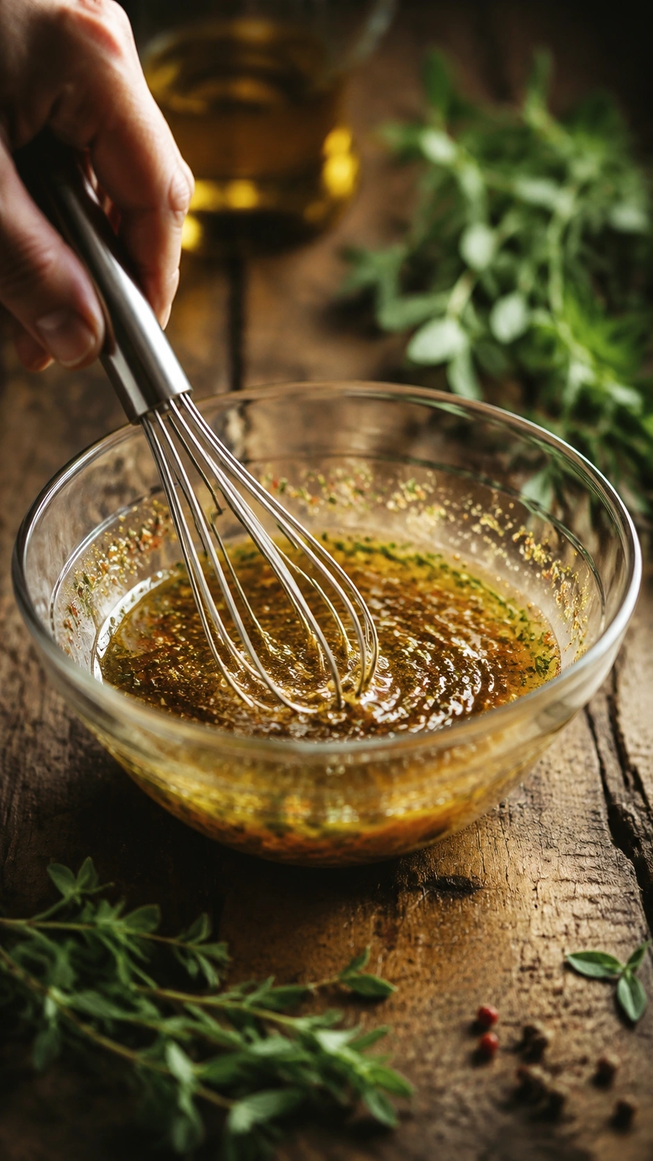Herb-flecked zesty Italian vinaigrette being whisked in a glass bowl on a rustic wooden table with fresh herbs.