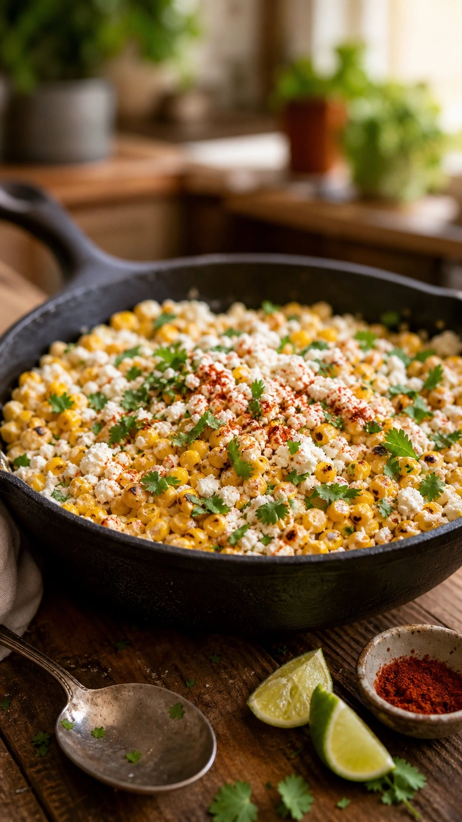 Hyperrealistic Mexican street corn salad with charred corn, cotija cheese, chili, and cilantro in a black cast iron skillet on a wooden table.