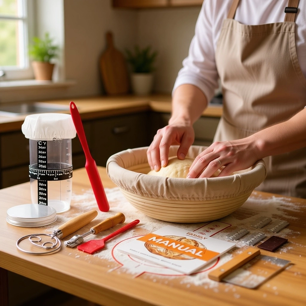A picture showing the I-S-K sourdough starter kit components, including the jar with active starter, the banneton basket, and the tools, arranged on a kitchen counter.