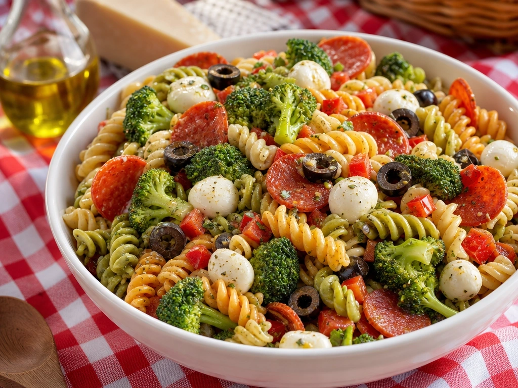 Italian cold broccoli pasta salad with tri-color rotini, mozzarella pearls, and pepperoni on a red checkered cloth.