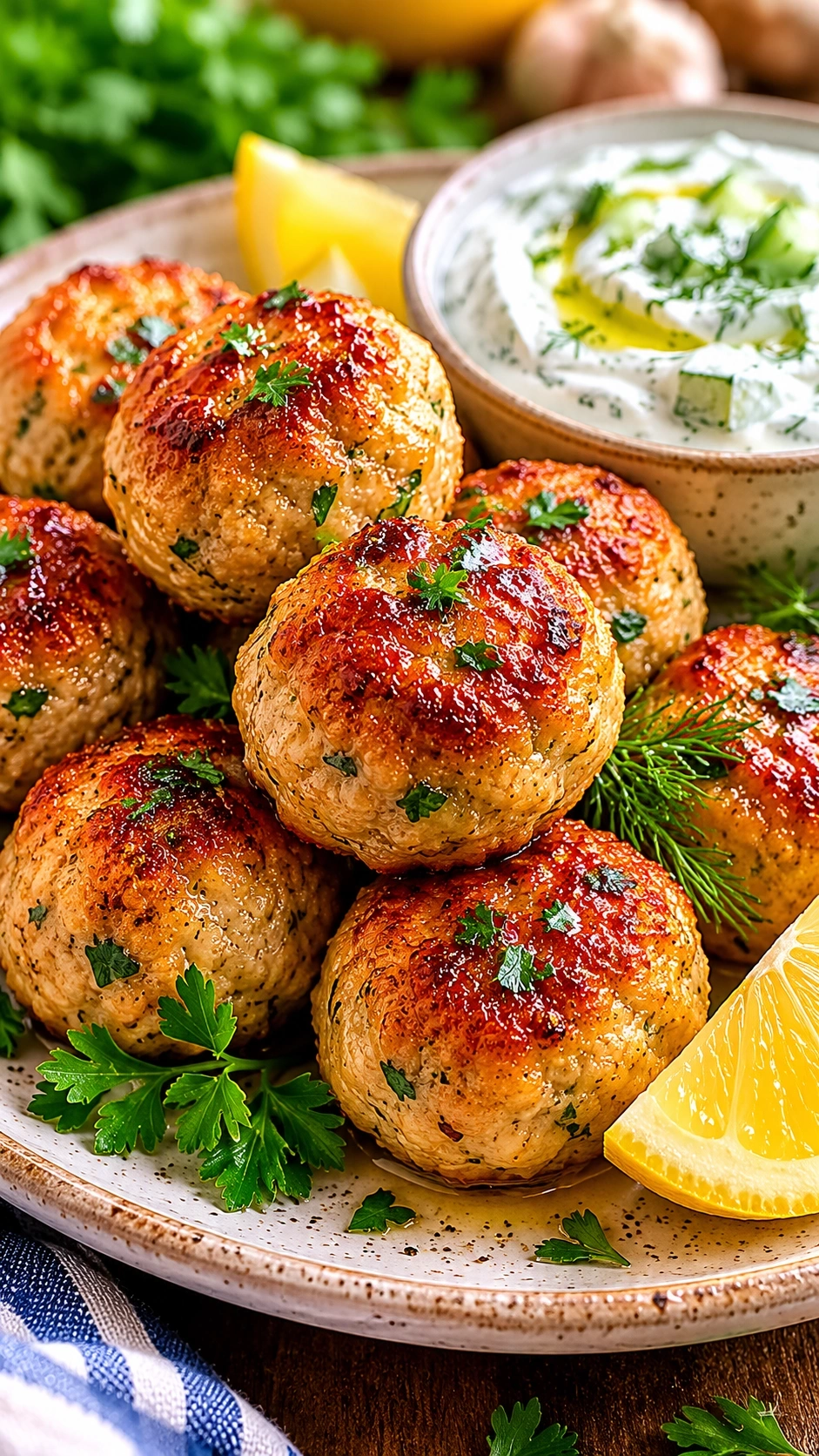 Juicy golden Greek turkey meatballs on a vintage ceramic plate with creamy tzatziki sauce and a fresh lemon wedge garnish.