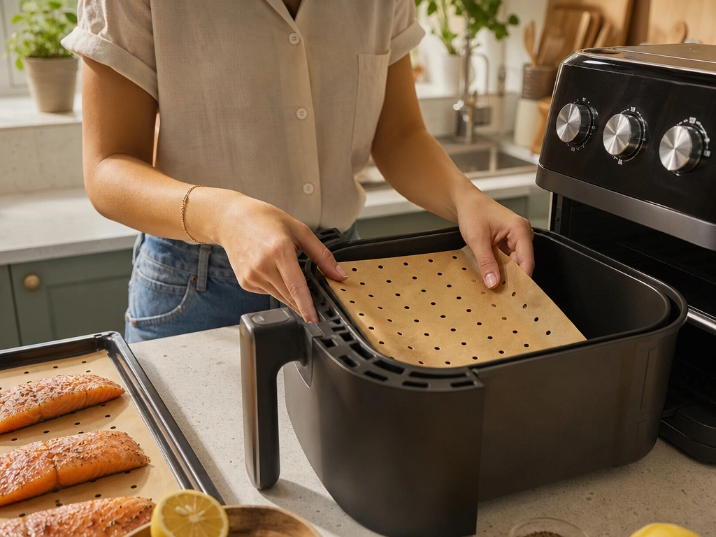 Split-screen photo showing a dirty air fryer basket next to a clean basket with a used Kertis liner inside