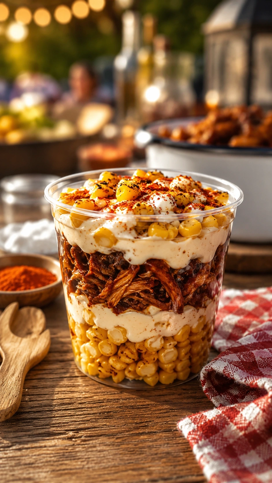 Layered street corn and BBQ chicken in a clear party cup with charred corn, shredded chicken, creamy sauce, and paprika.
