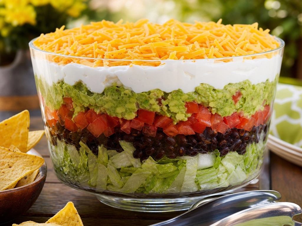 Layered taco salad with guacamole and black beans in a clear acrylic bowl on a rustic wooden picnic table outdoors.