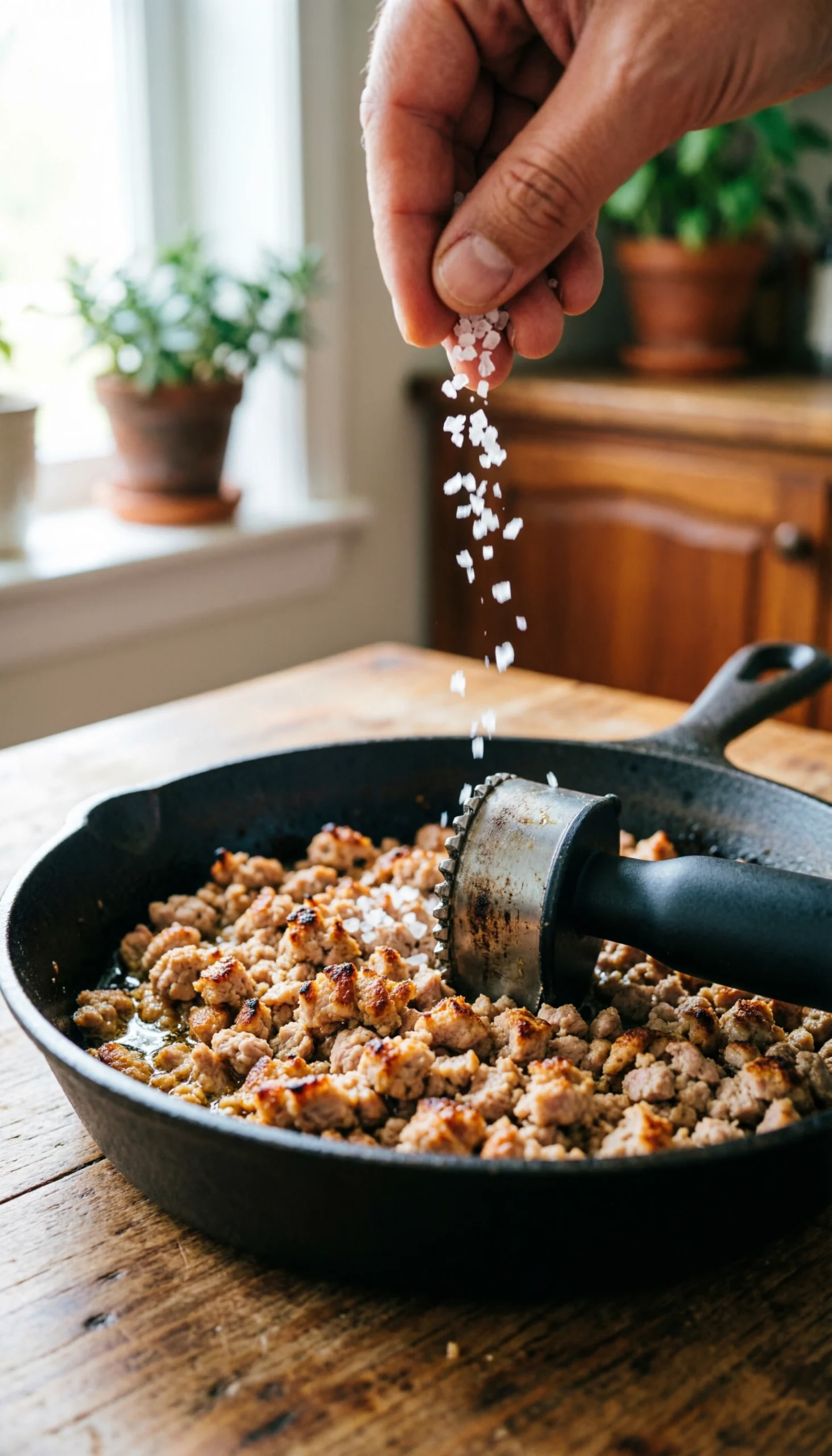 Lean ground turkey browning in a skillet with a black meat chopper tool on a rustic wooden table in a kitchen.