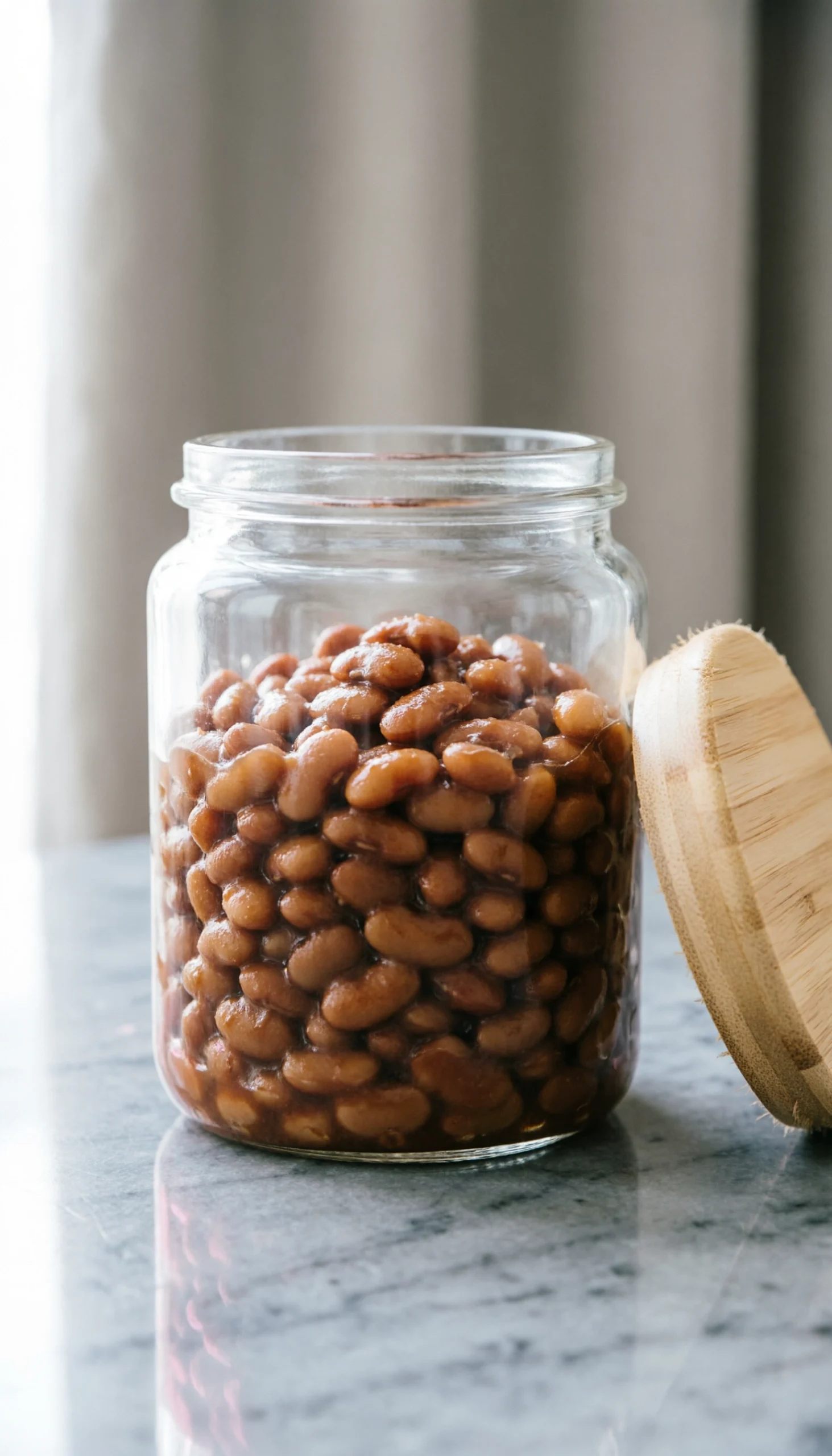 Leftover baked beans stored in a glass container with a bamboo lid on a marble countertop in a modern kitchen.