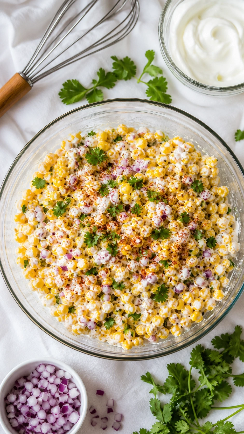Light and healthy street corn salad, fresh with Greek yogurt dressing, red onions, chili, and cilantro in a glass bowl.