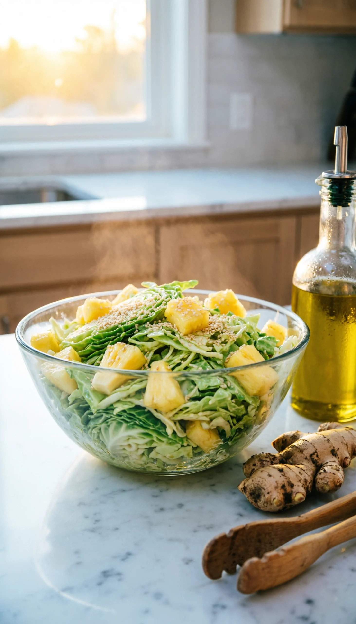 Light vinegar Hawaiian coleslaw with pineapple chunks and sesame seeds in a clear glass bowl on a marble countertop.